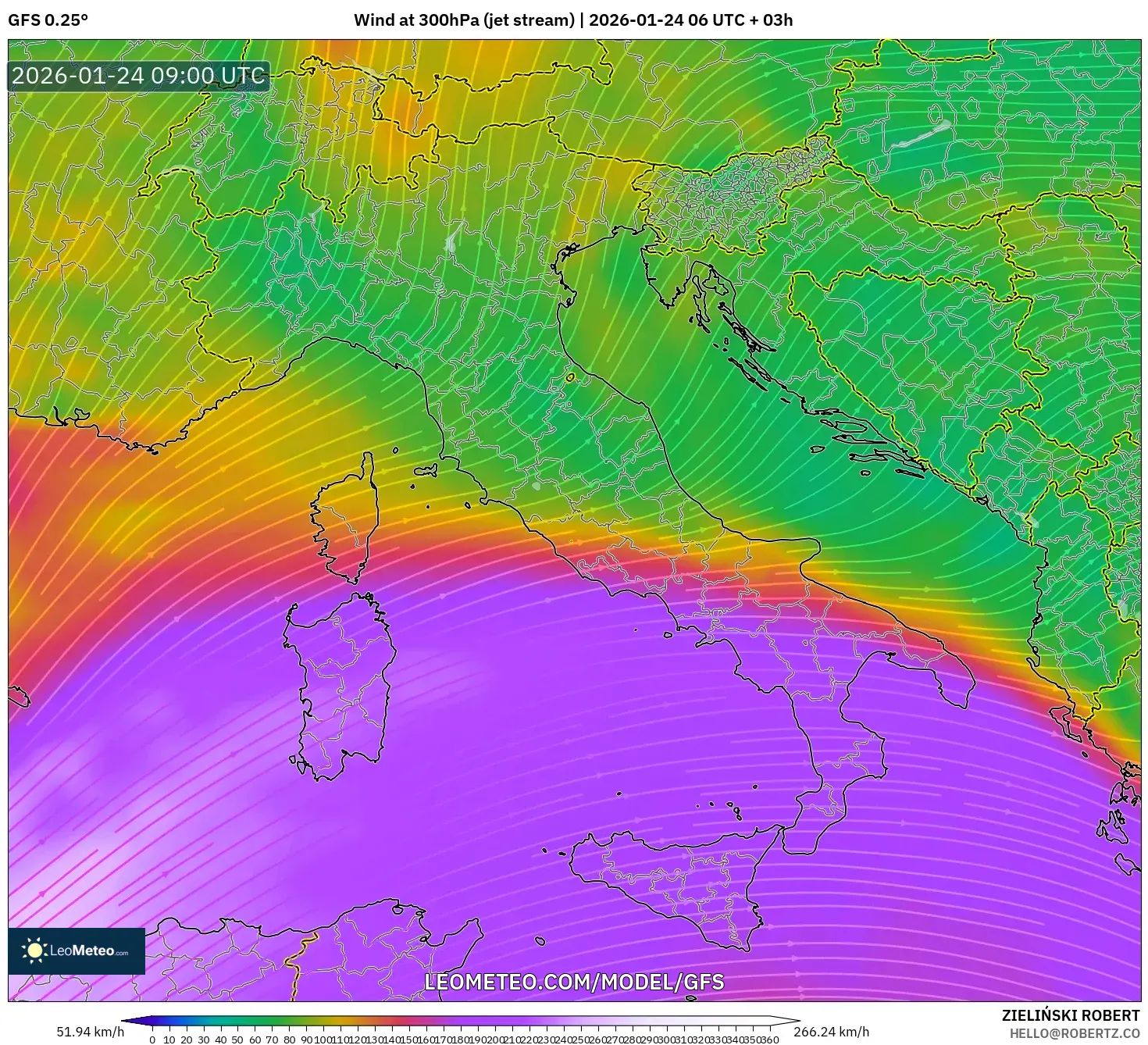 GFS model - Italy, Wind at 300hPa (jet stream)
