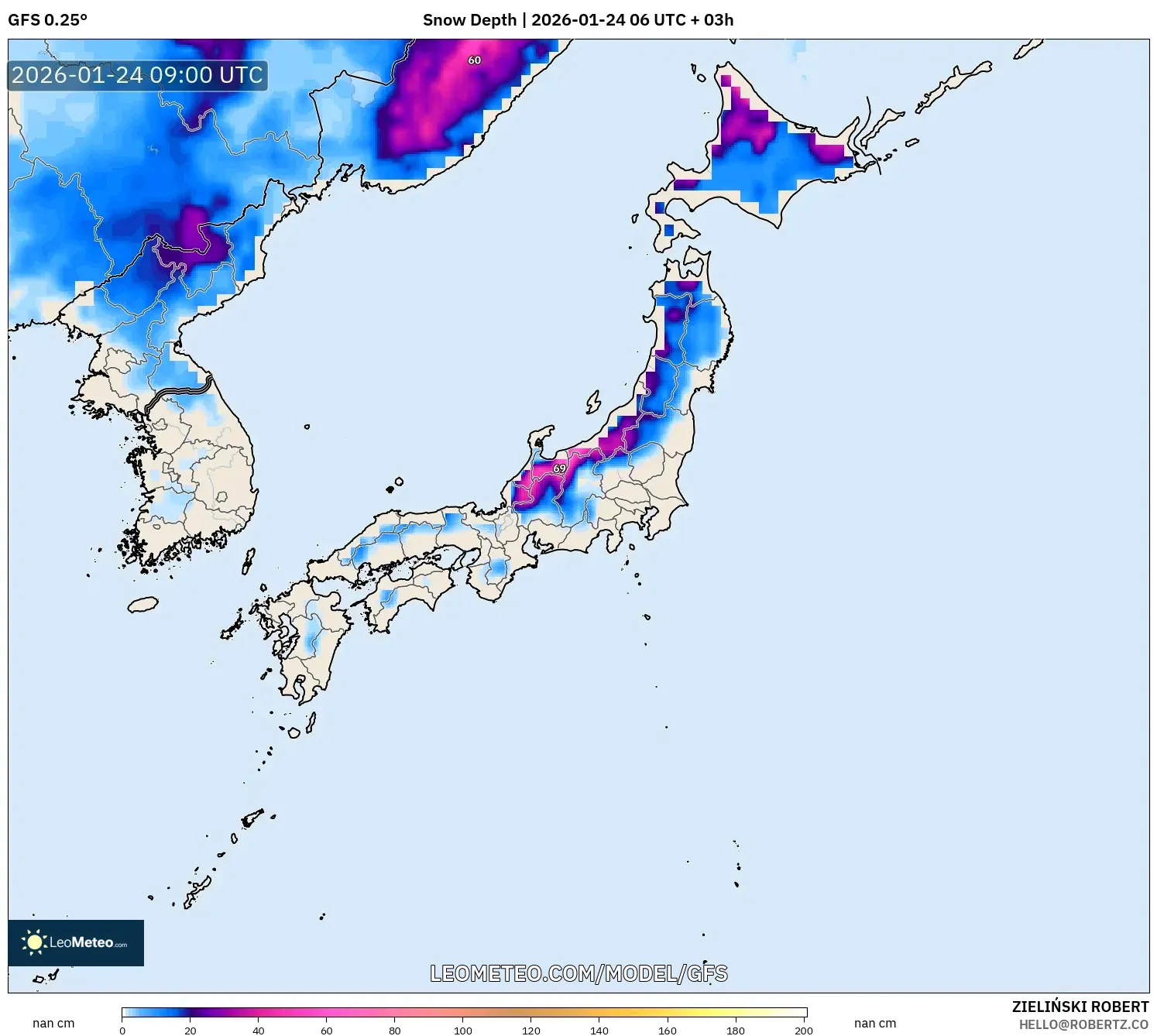 GFS model - Japan, Snow Depth