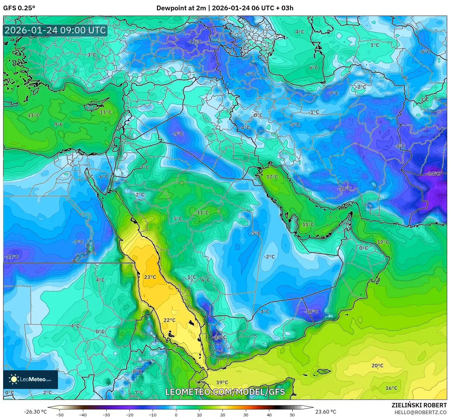 GFS model - Middle East, Dewpoint at 2m