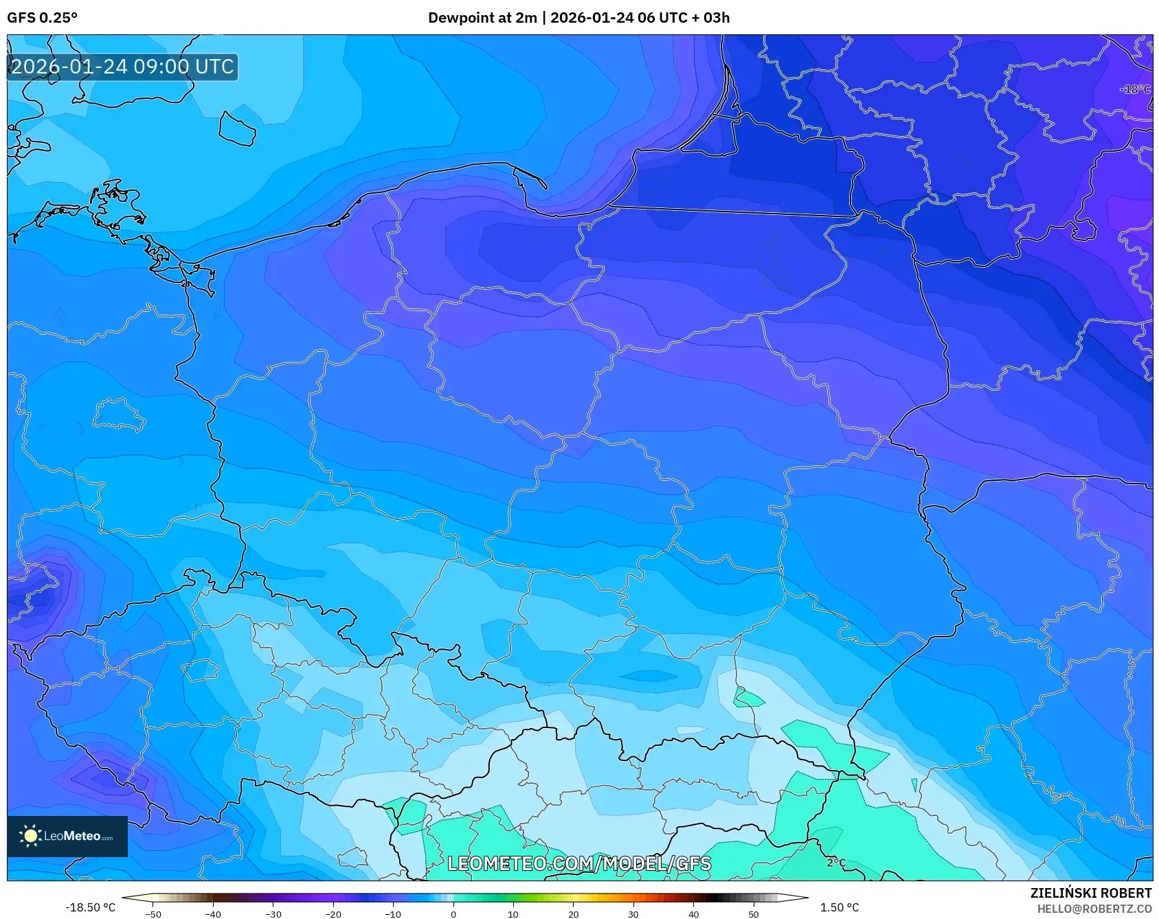 GFS model - Poland, Dewpoint at 2m