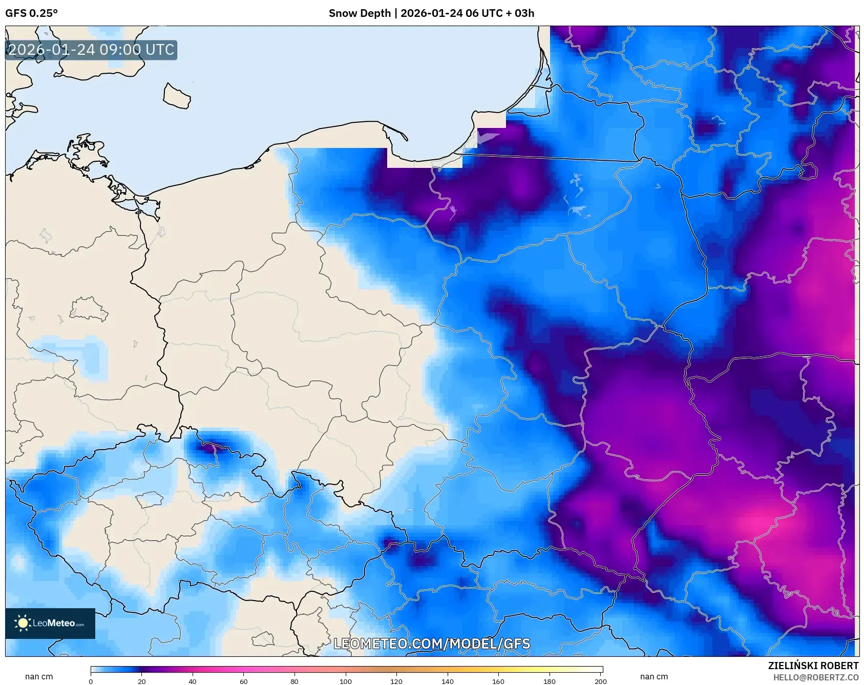 GFS model - Poland, Snow Depth