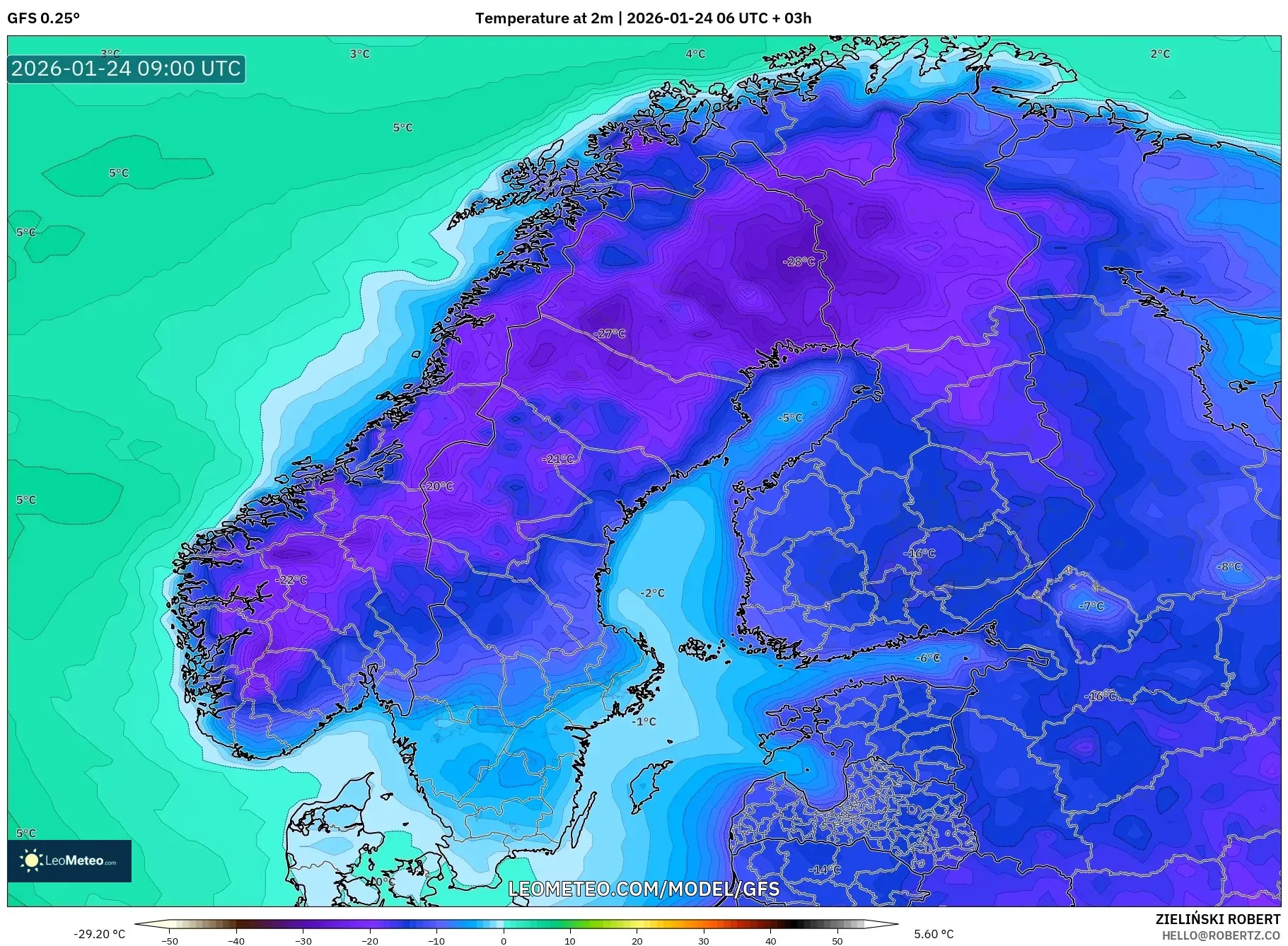 GFS model - Scandinavia, Temperature at 2m