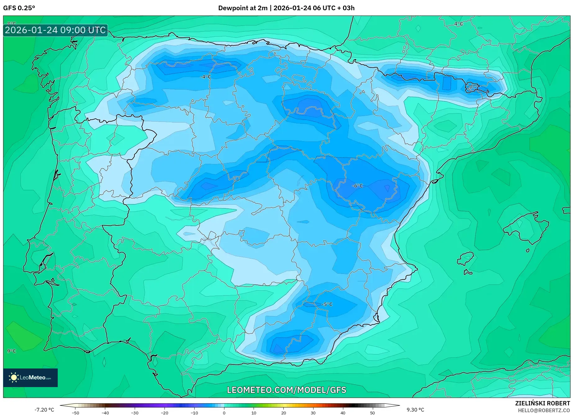 GFS model - Spain, Dewpoint at 2m