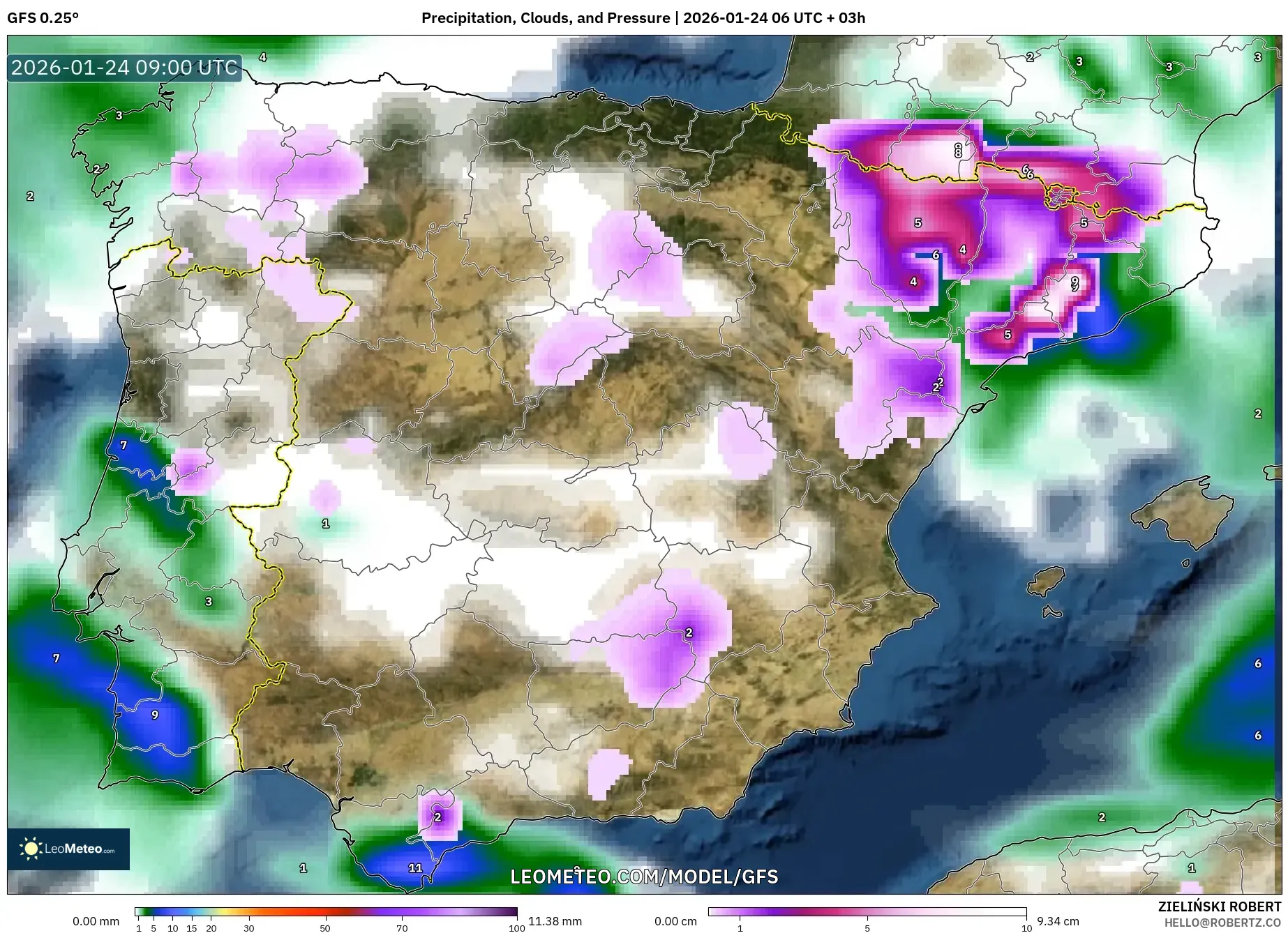 GFS model - Spain, Precipitation, Clouds, and Pressure