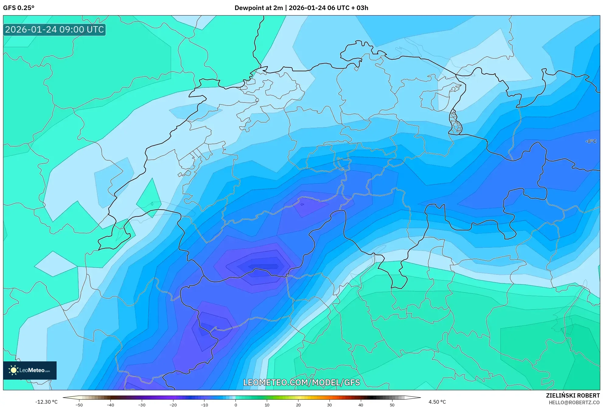GFS model - Switzerland, Dewpoint at 2m