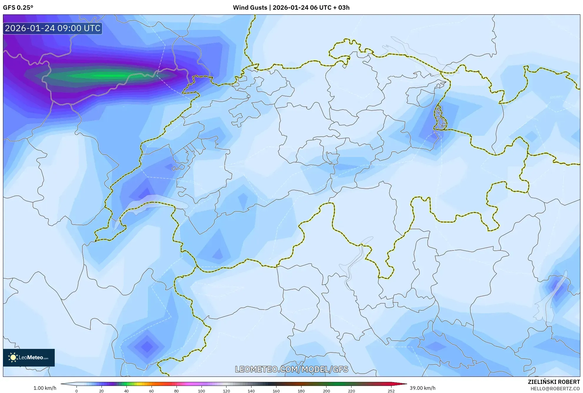 GFS model - Switzerland, Wind Gusts