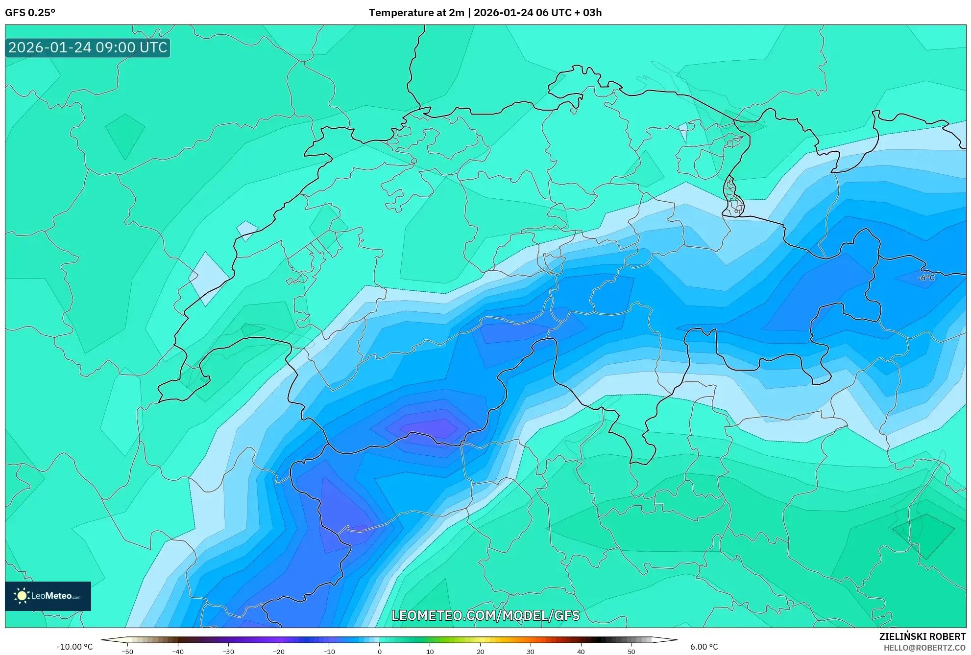 GFS model - Switzerland, Temperature at 2m