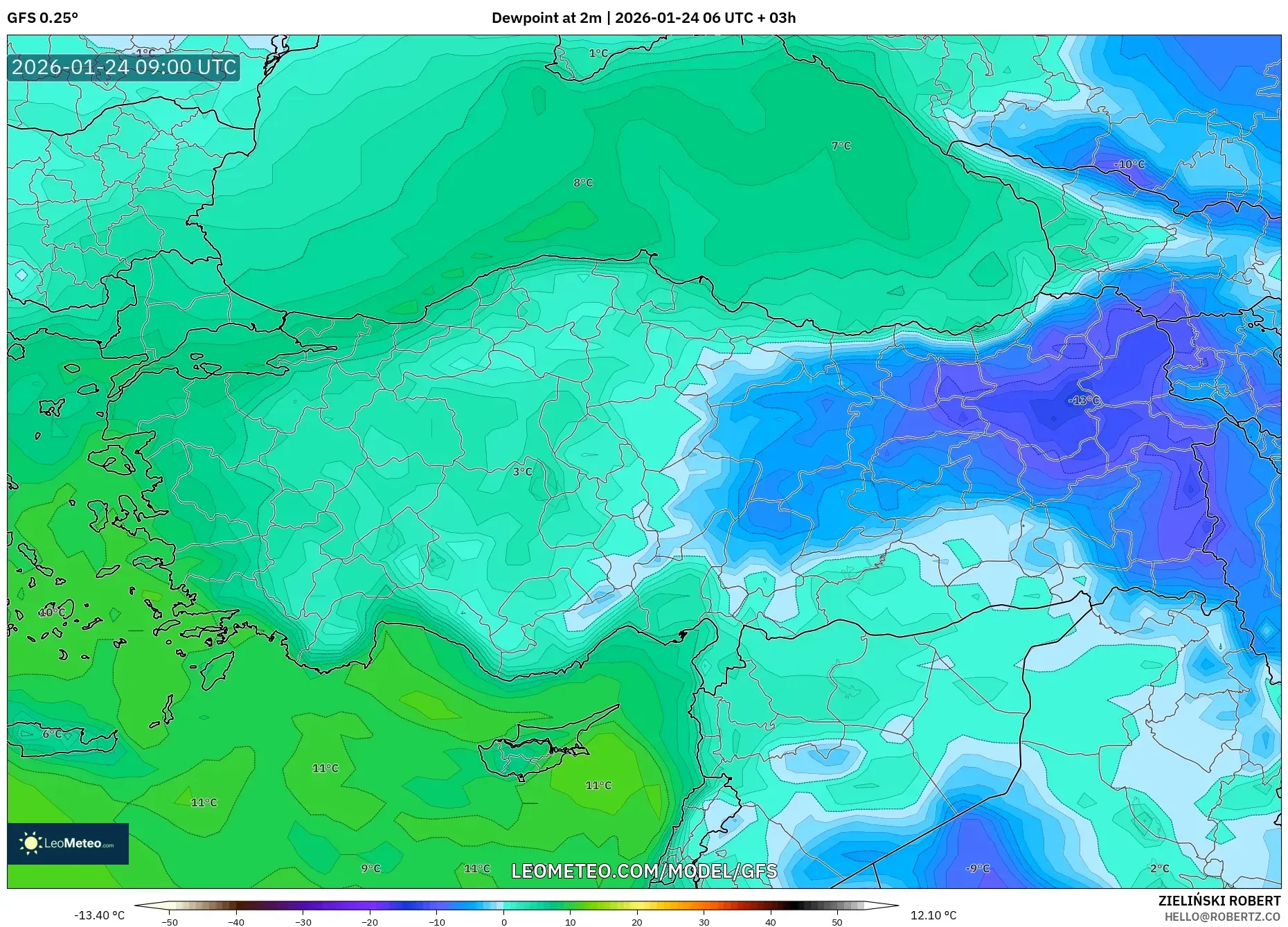 GFS model - Turkey, Dewpoint at 2m