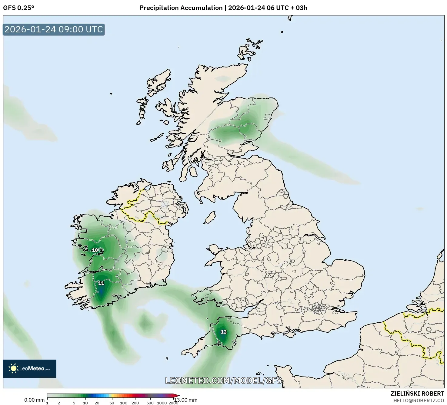 GFS model - United Kingdom, Precipitation Accumulation