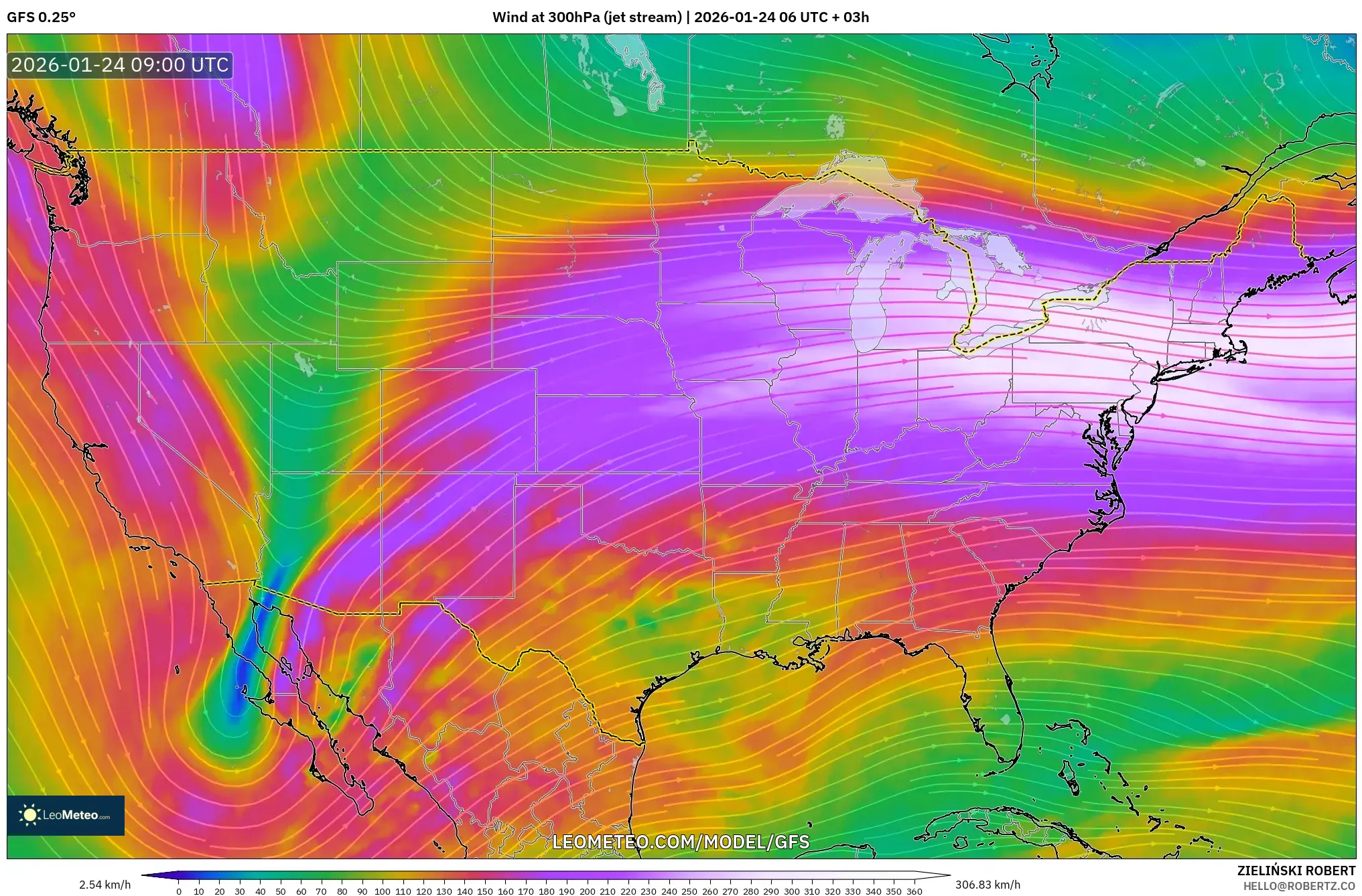 GFS model - United States, Wind at 300hPa (jet stream)