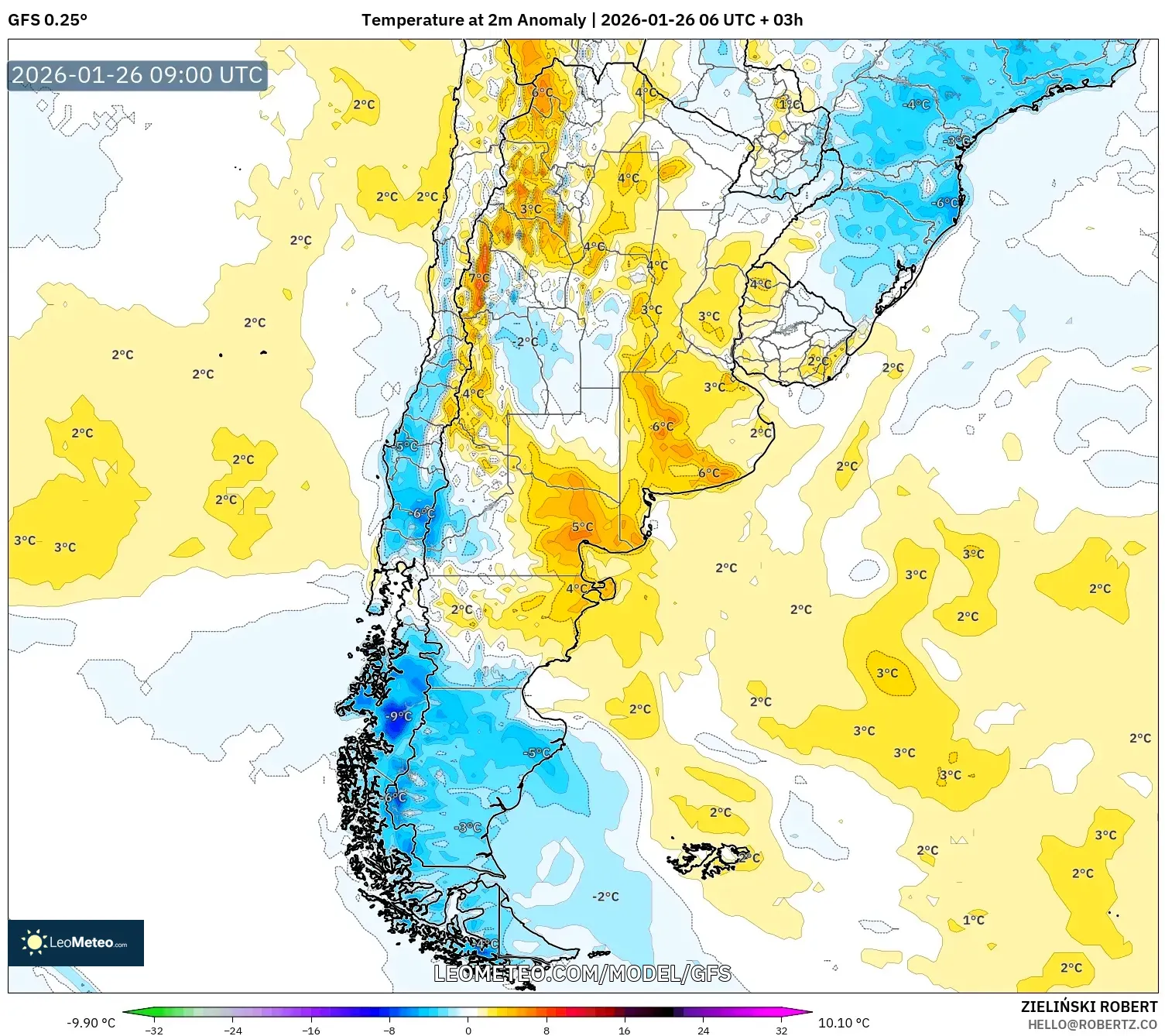 GFS model - Argentina, Temperature at 2m Anomaly