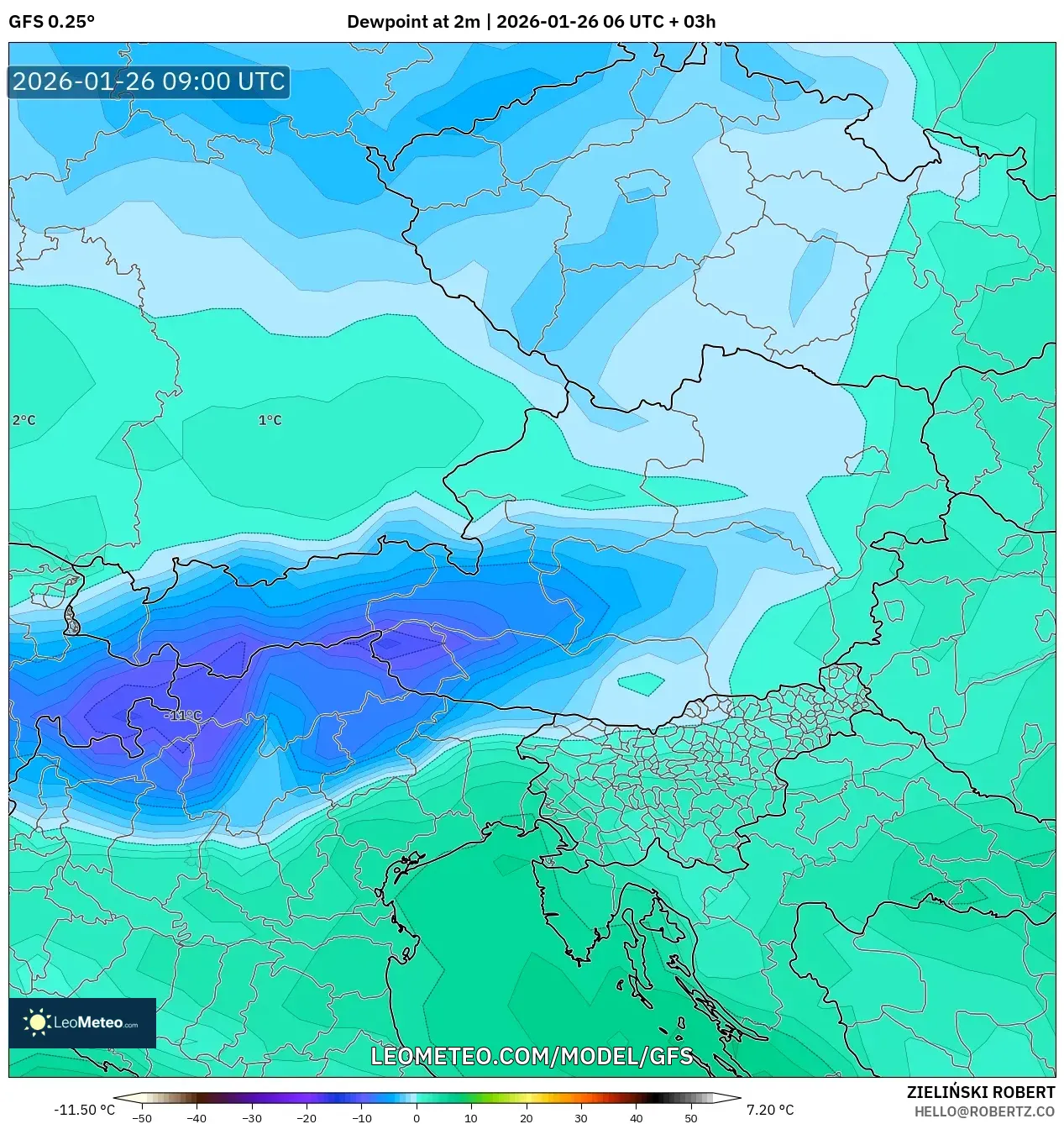 GFS model - Austria, Dewpoint at 2m