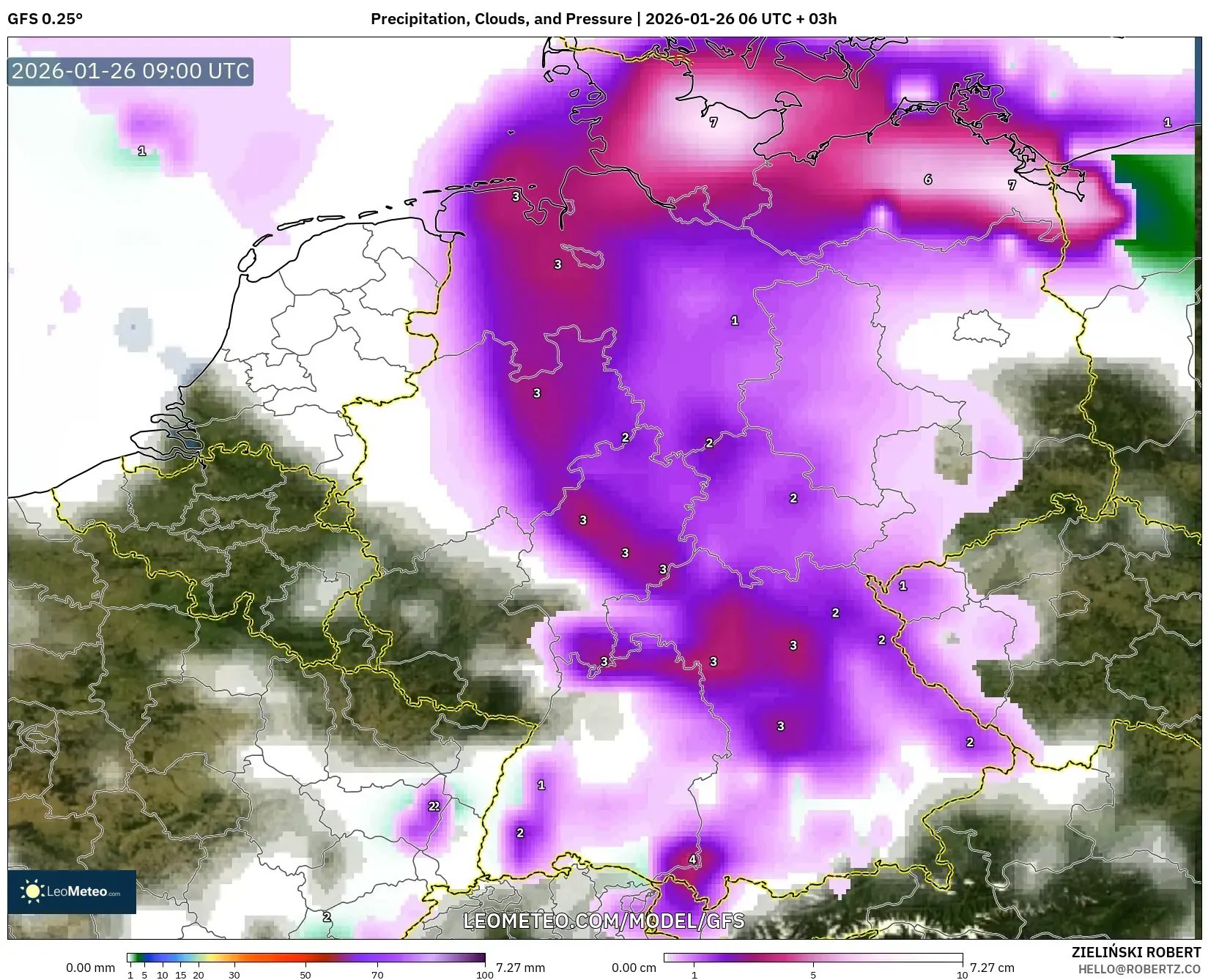 GFS model - Germany, Precipitation, Clouds, and Pressure