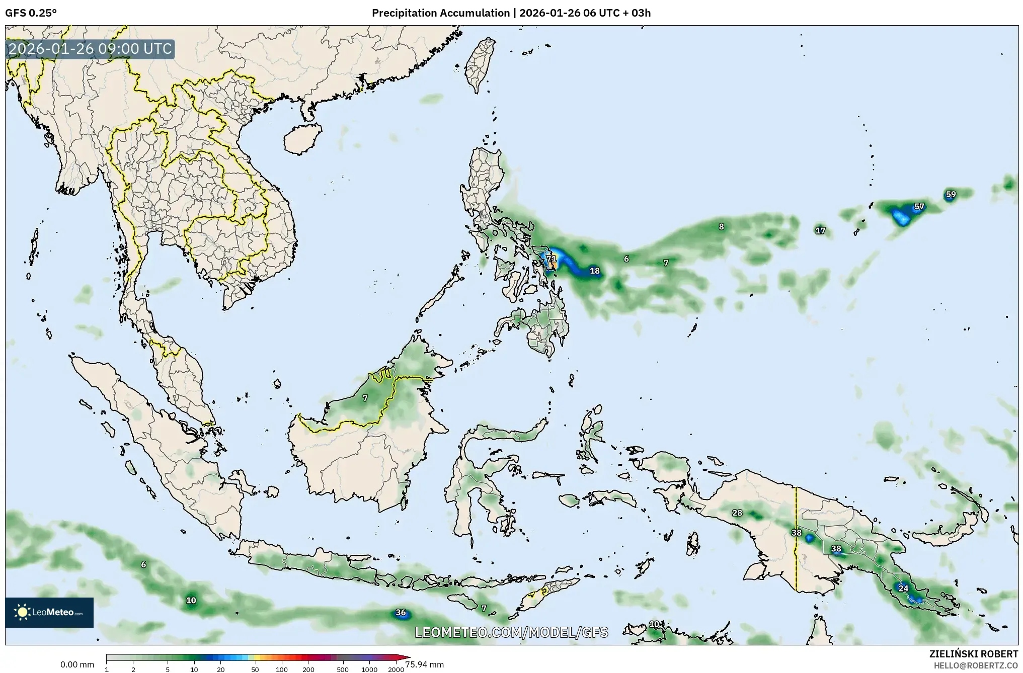 GFS model - South East Asia, Precipitation Accumulation