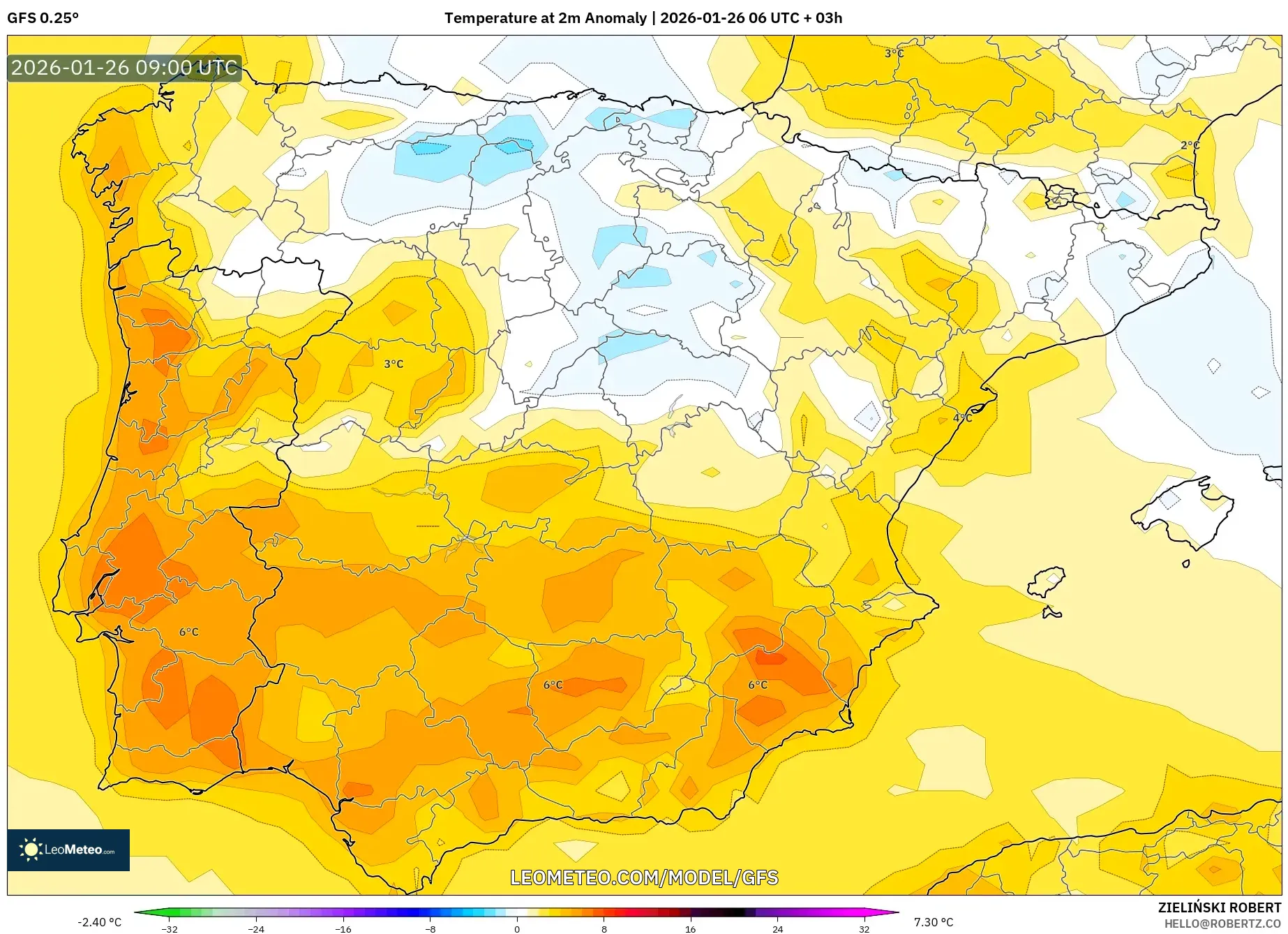GFS model - Spain, Temperature at 2m Anomaly