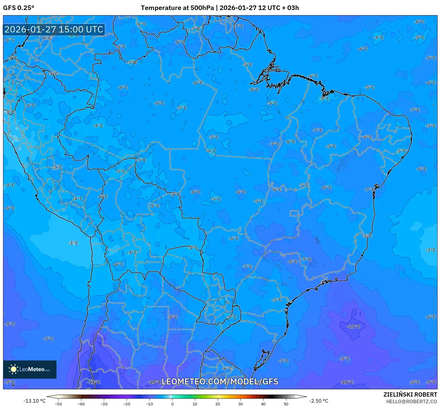 GFS model - Brazil, Temperature at 500hPa