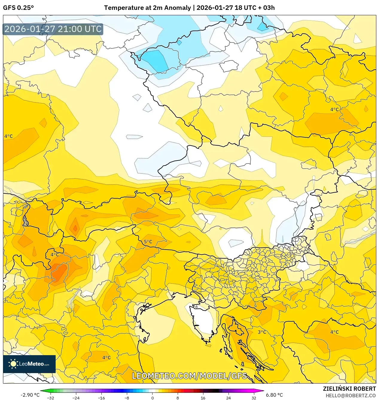 GFS model - Austria, Temperature at 2m Anomaly