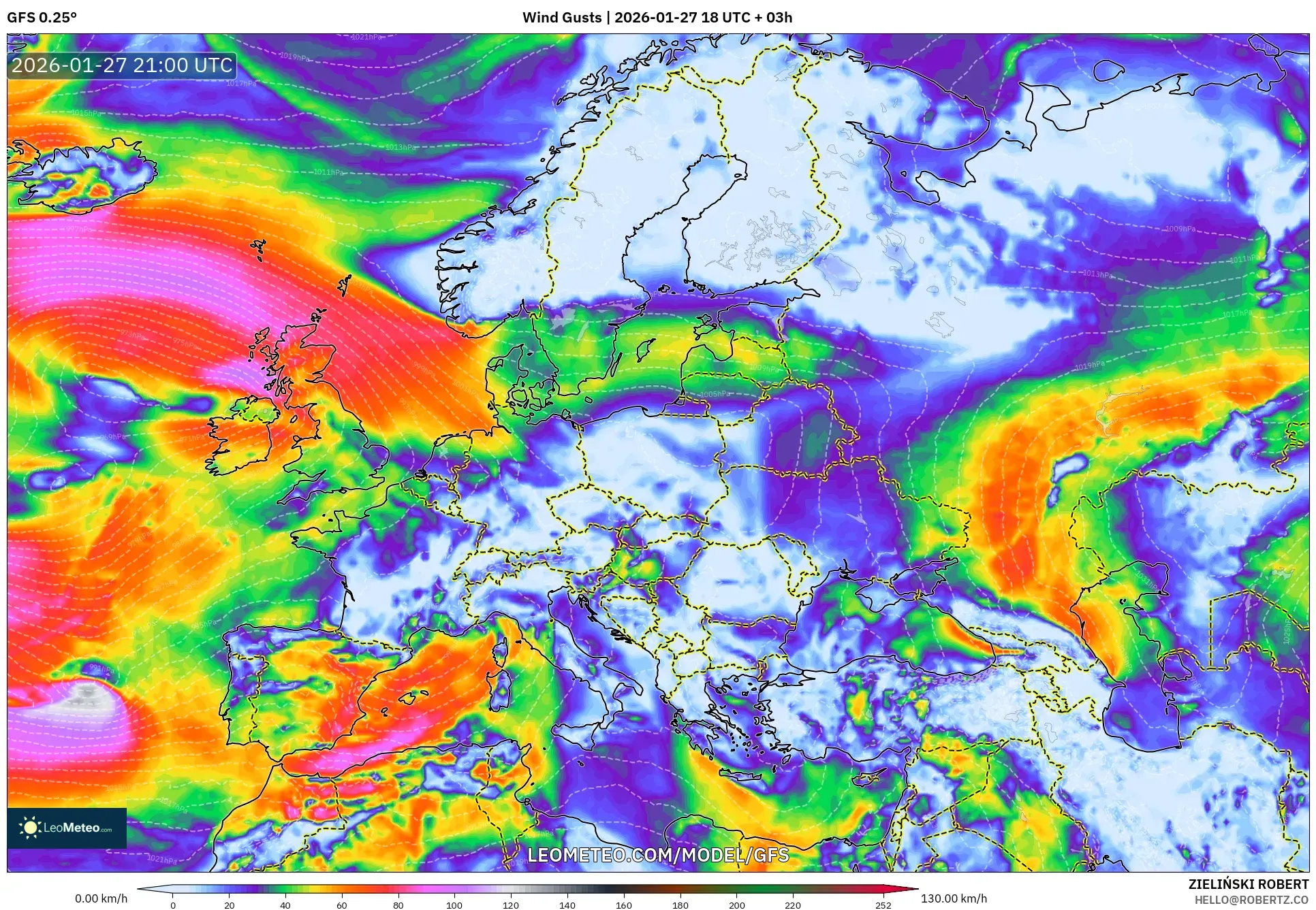 GFS model - Europe, Wind Gusts