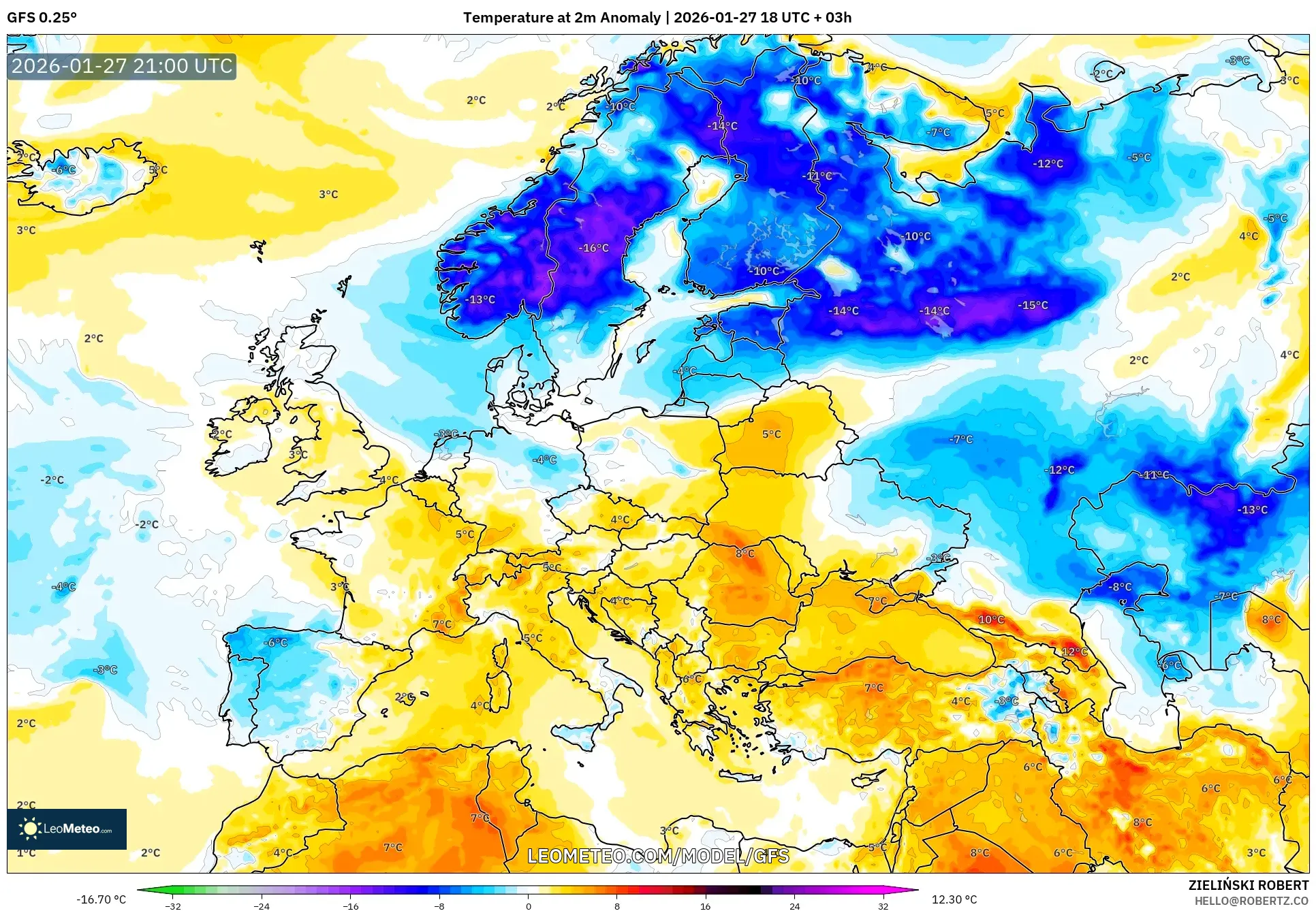 GFS model - Europe, Temperature at 2m Anomaly