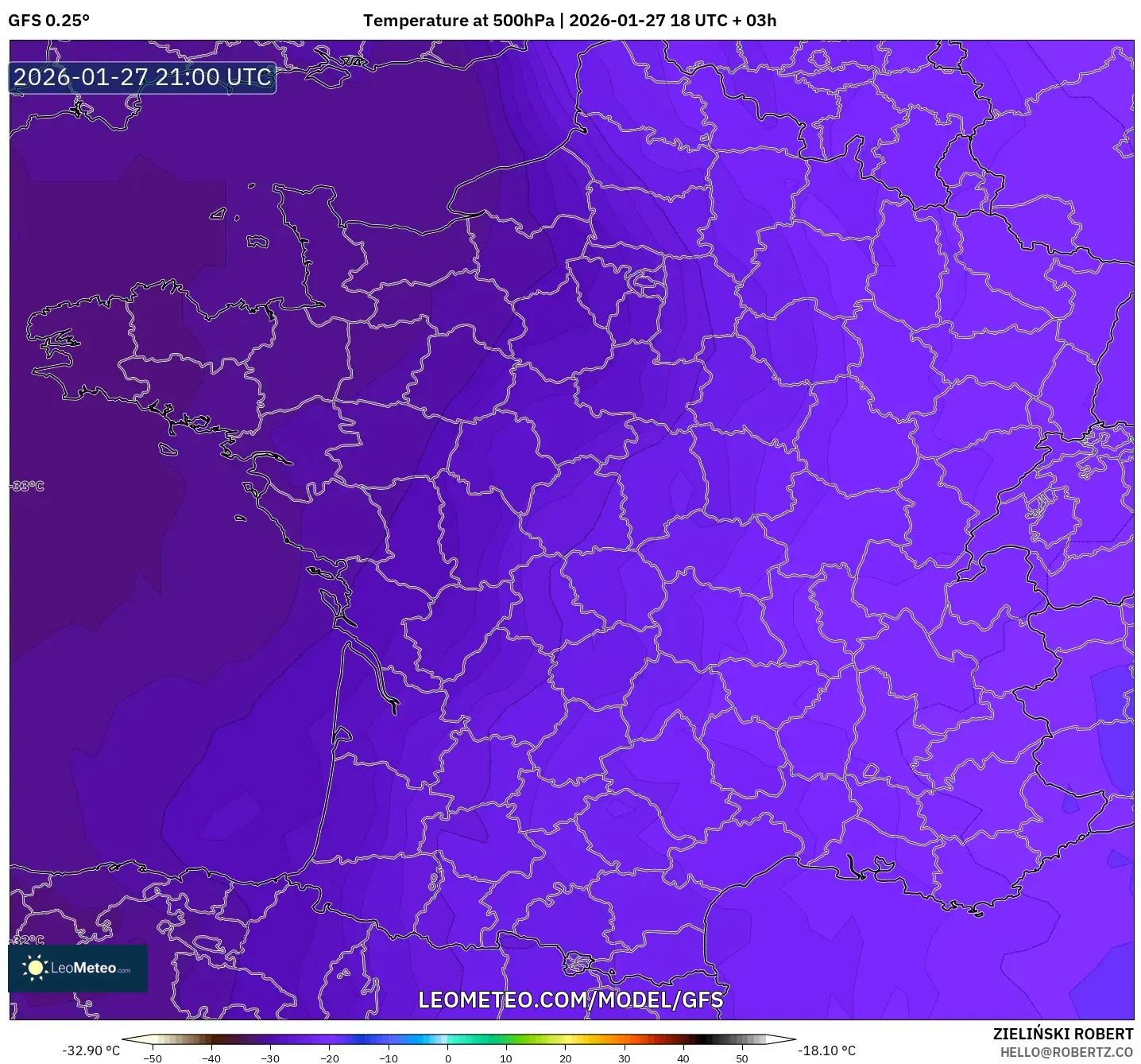GFS model - France, Temperature at 500hPa