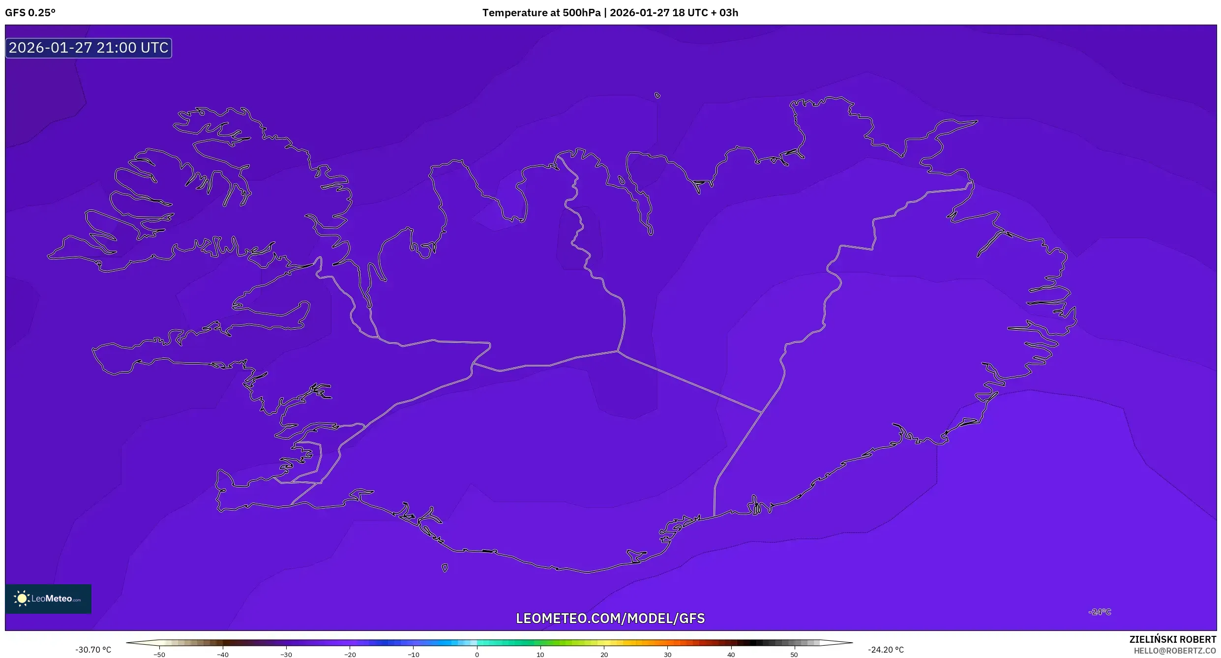 GFS model - Iceland, Temperature at 500hPa