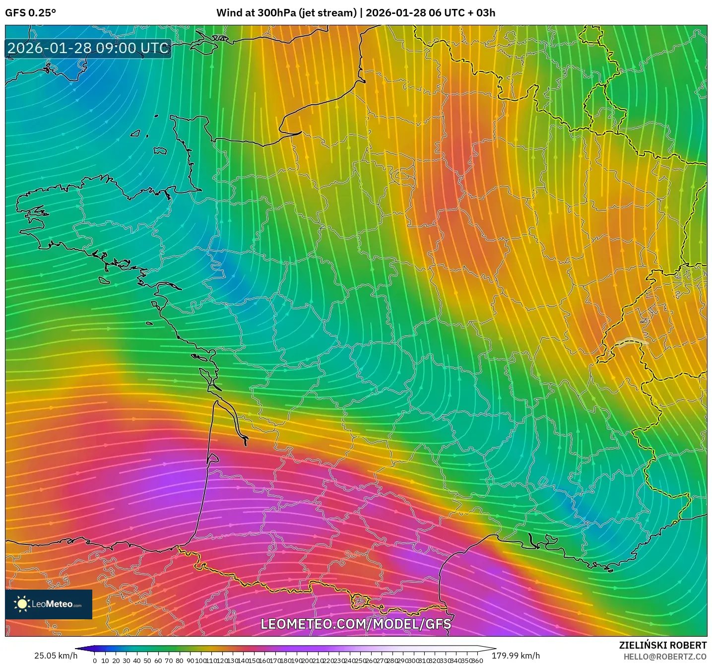 GFS model - France, Wind at 300hPa (jet stream)