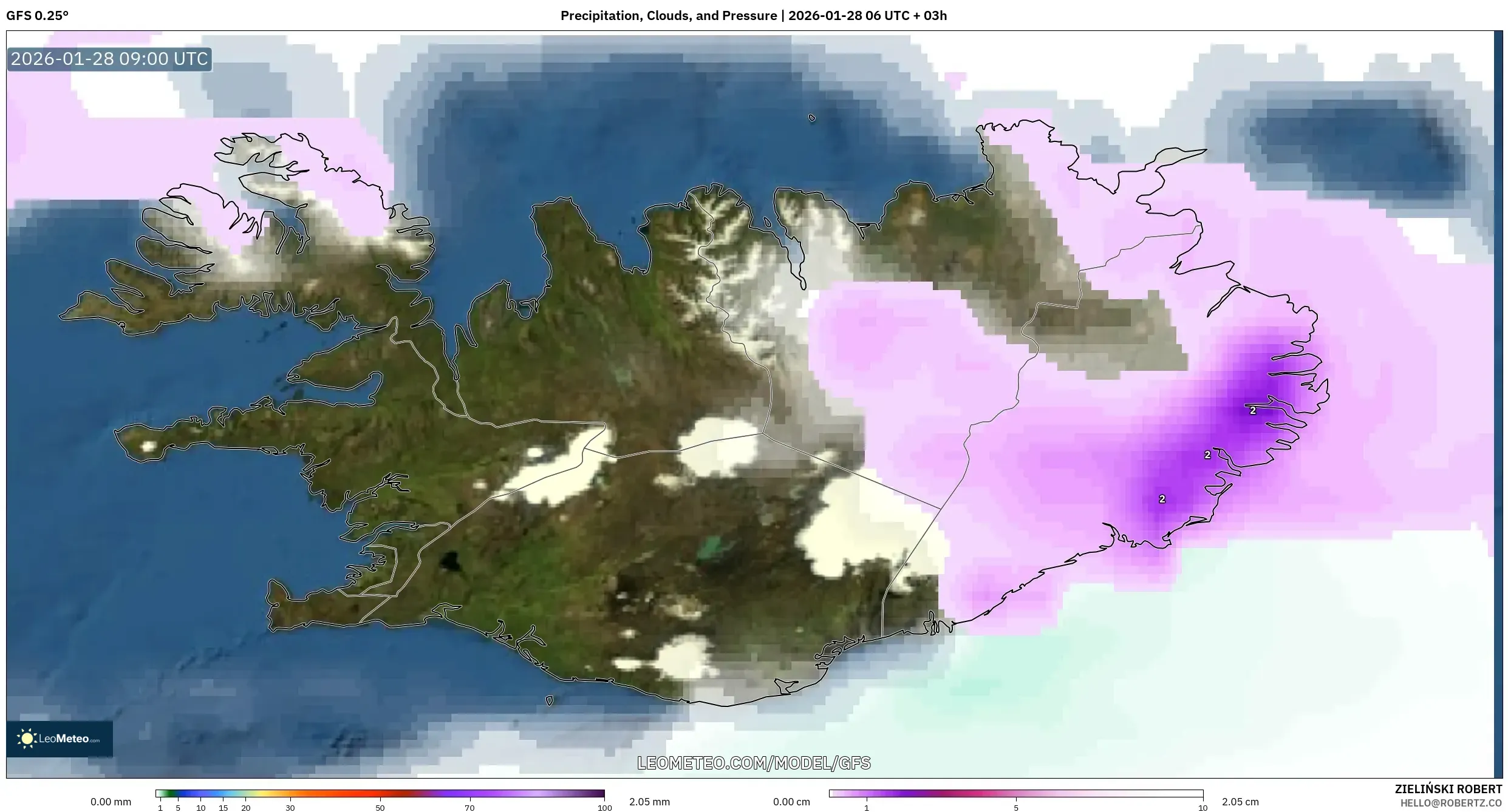 GFS model - Iceland, Precipitation, Clouds, and Pressure
