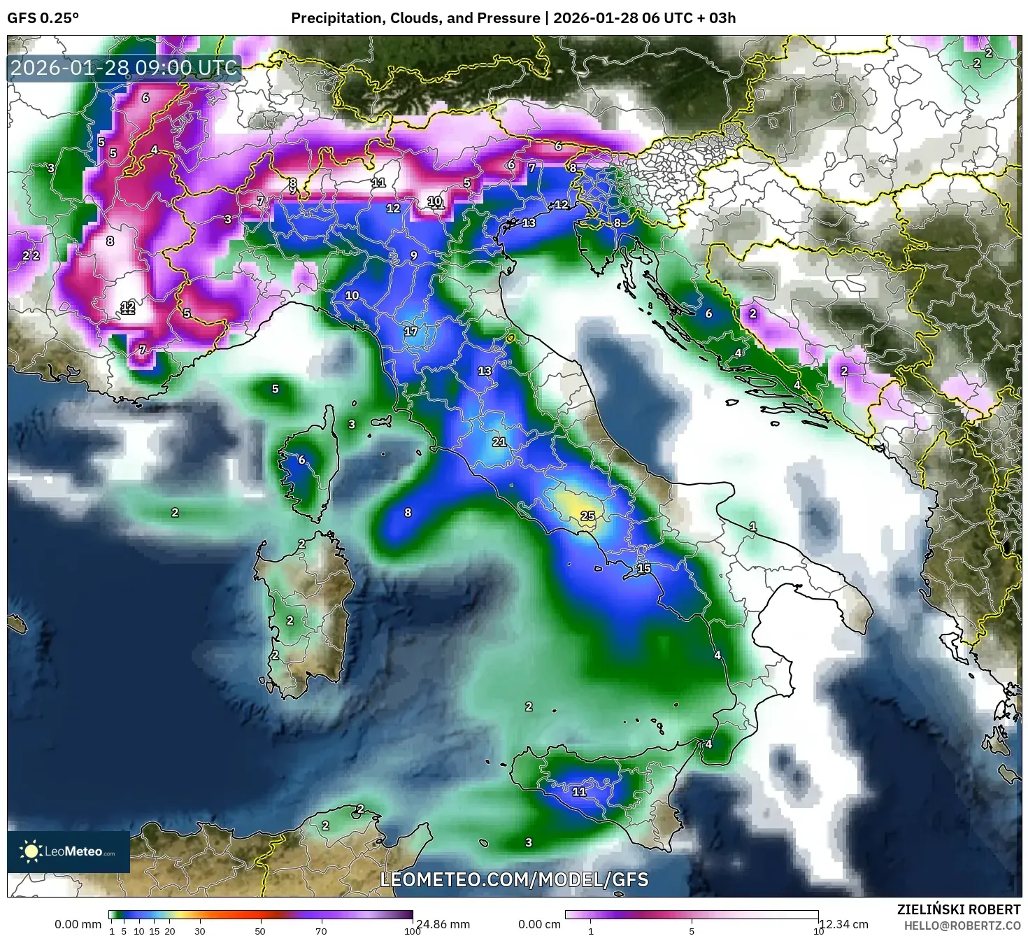 GFS model - Italy, Precipitation, Clouds, and Pressure