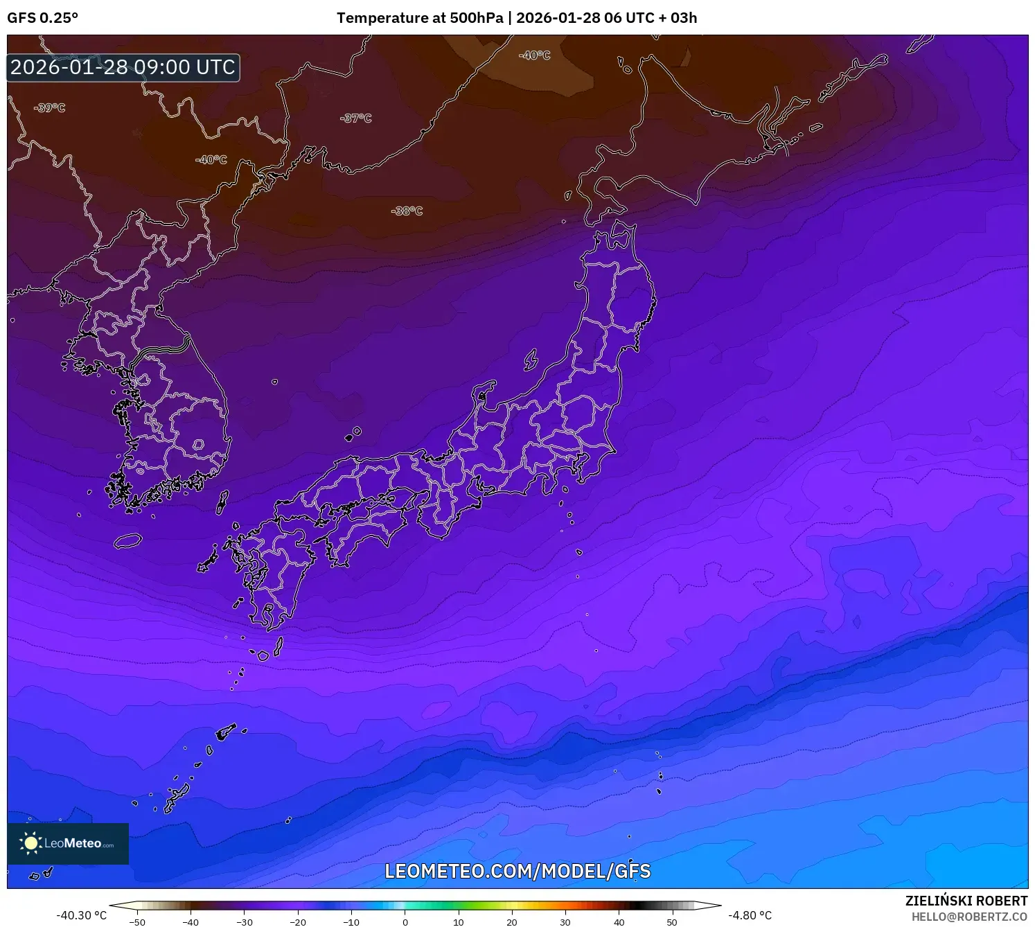 GFS model - Japan, Temperature at 500hPa