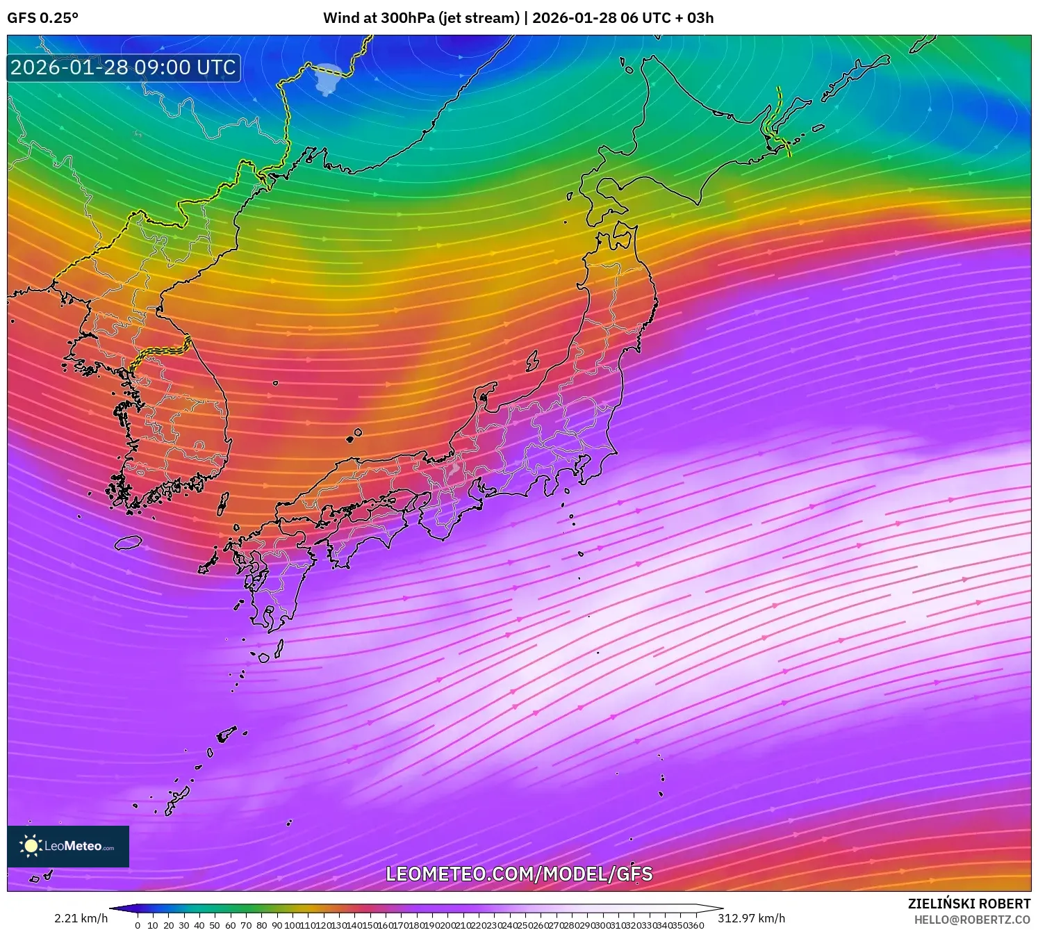 GFS model - Japan, Wind at 300hPa (jet stream)