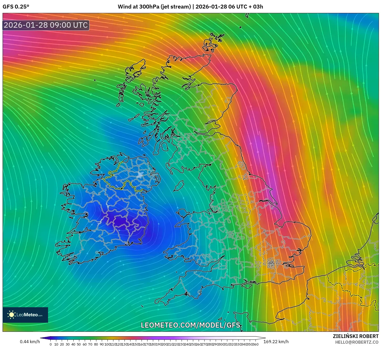 GFS model - United Kingdom, Wind at 300hPa (jet stream)
