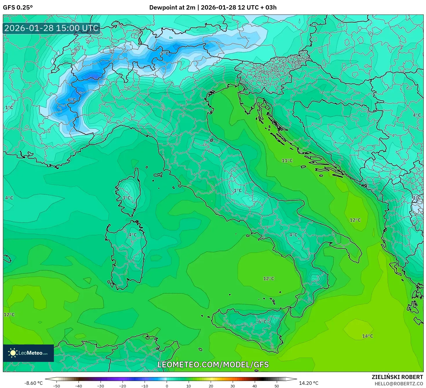 GFS model - Italy, Dewpoint at 2m
