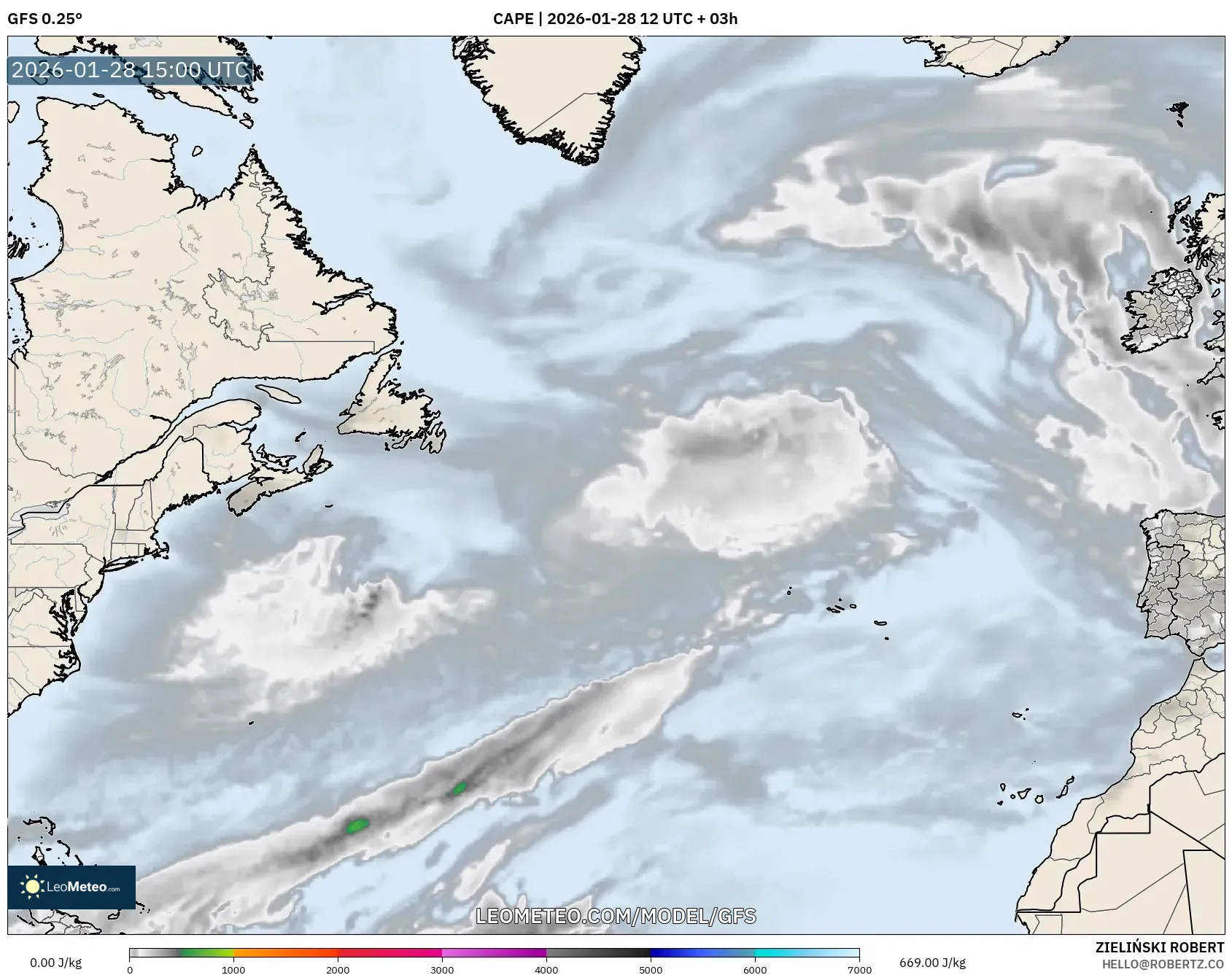 GFS model - North Atlantic, CAPE