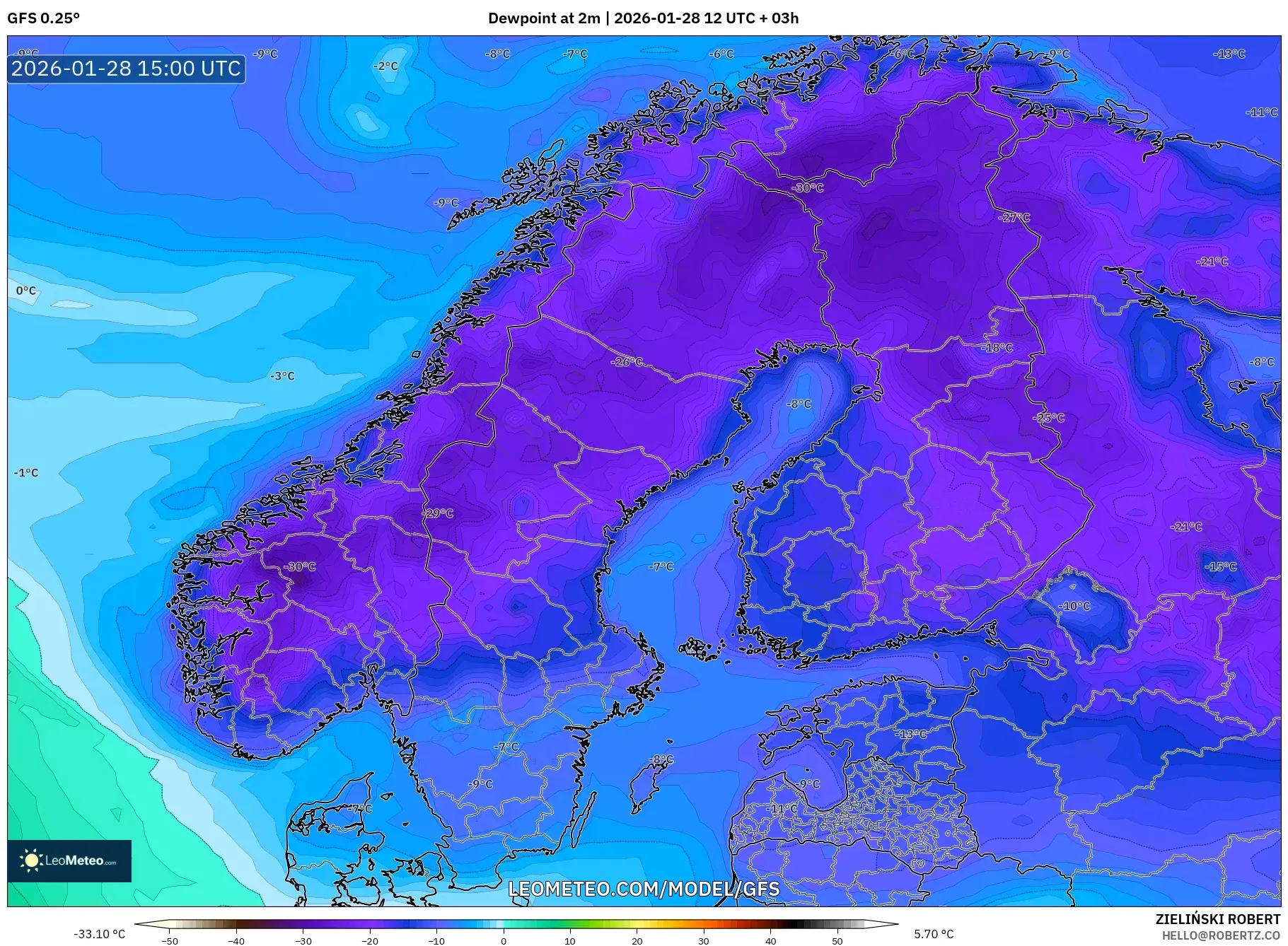GFS model - Scandinavia, Dewpoint at 2m