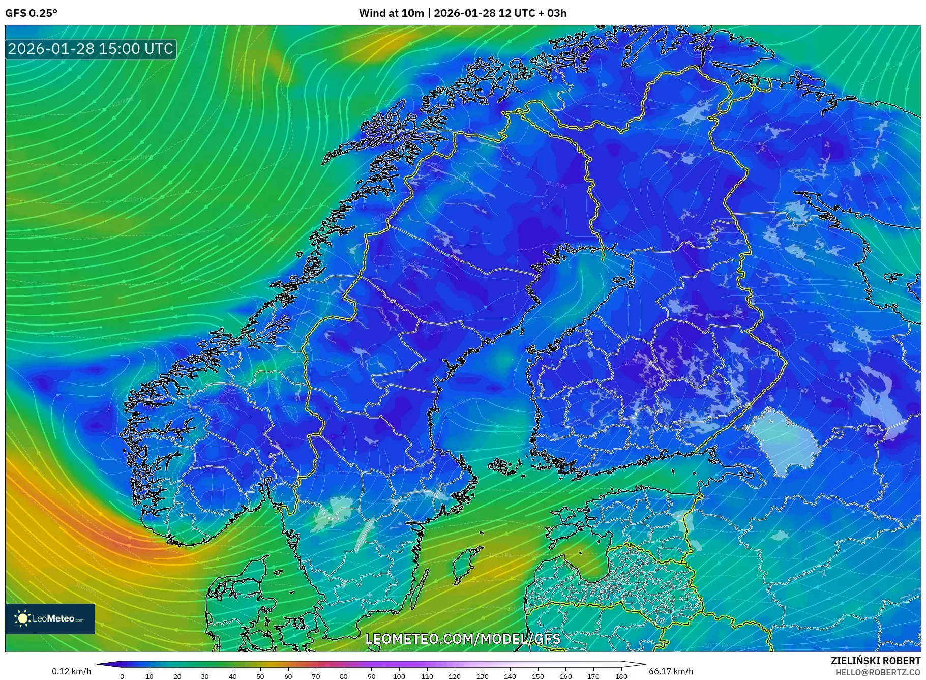 GFS model - Scandinavia, Wind at 10m