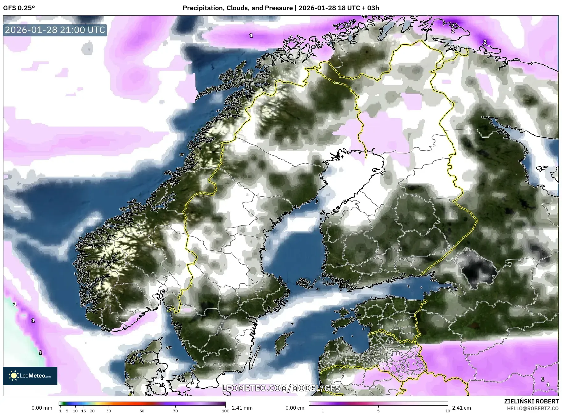 GFS model - Scandinavia, Precipitation, Clouds, and Pressure