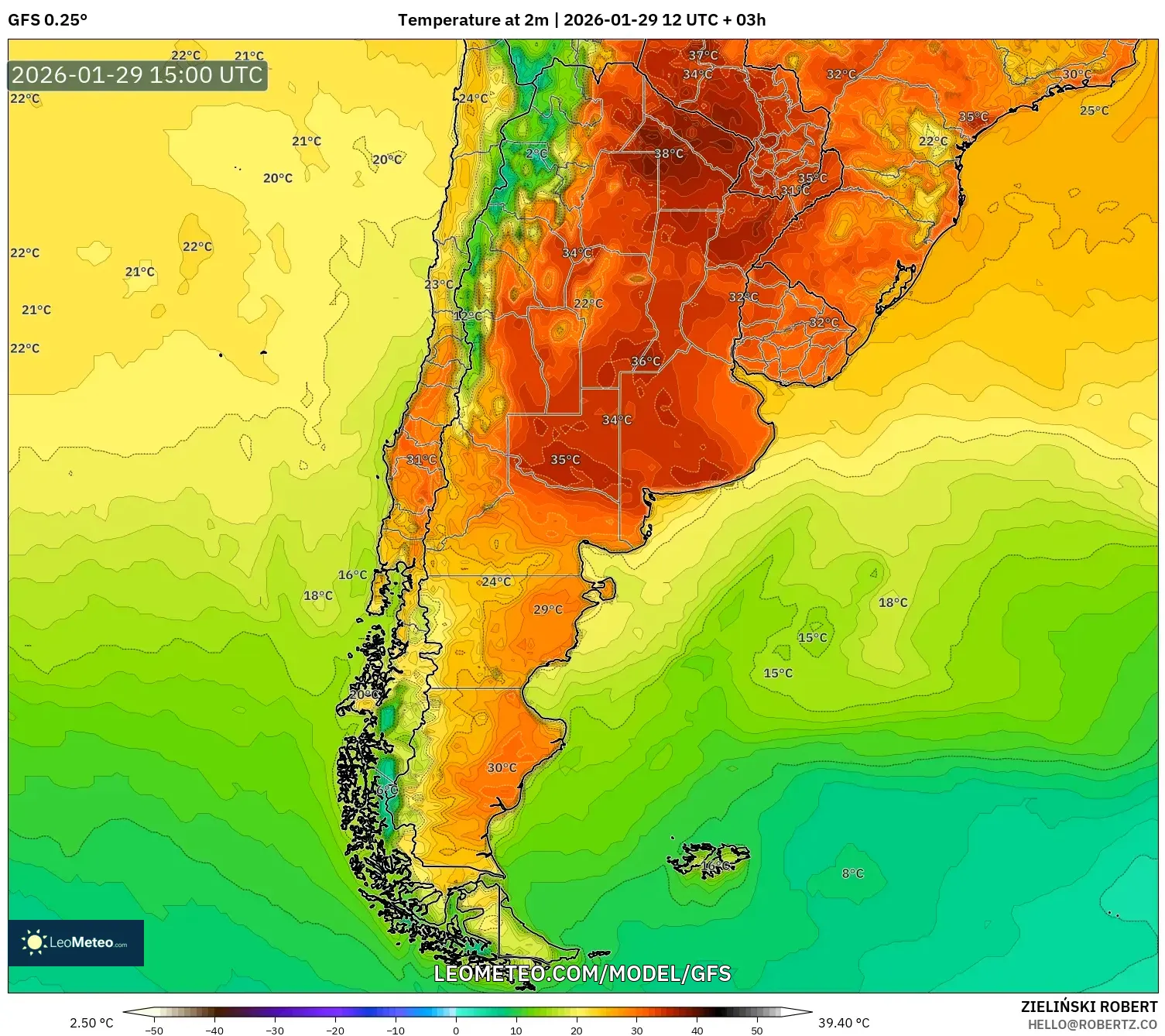 GFS model - Argentina, Temperature at 2m