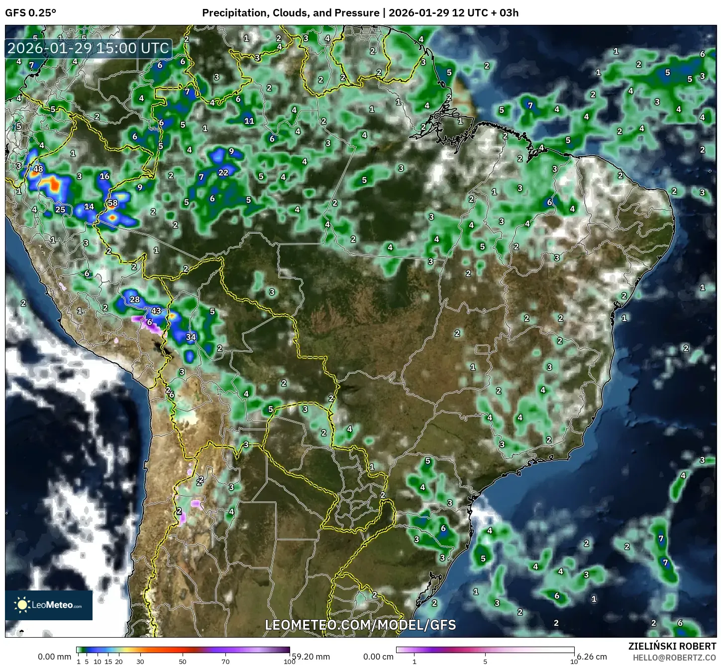 GFS model - Brazil, Precipitation, Clouds, and Pressure