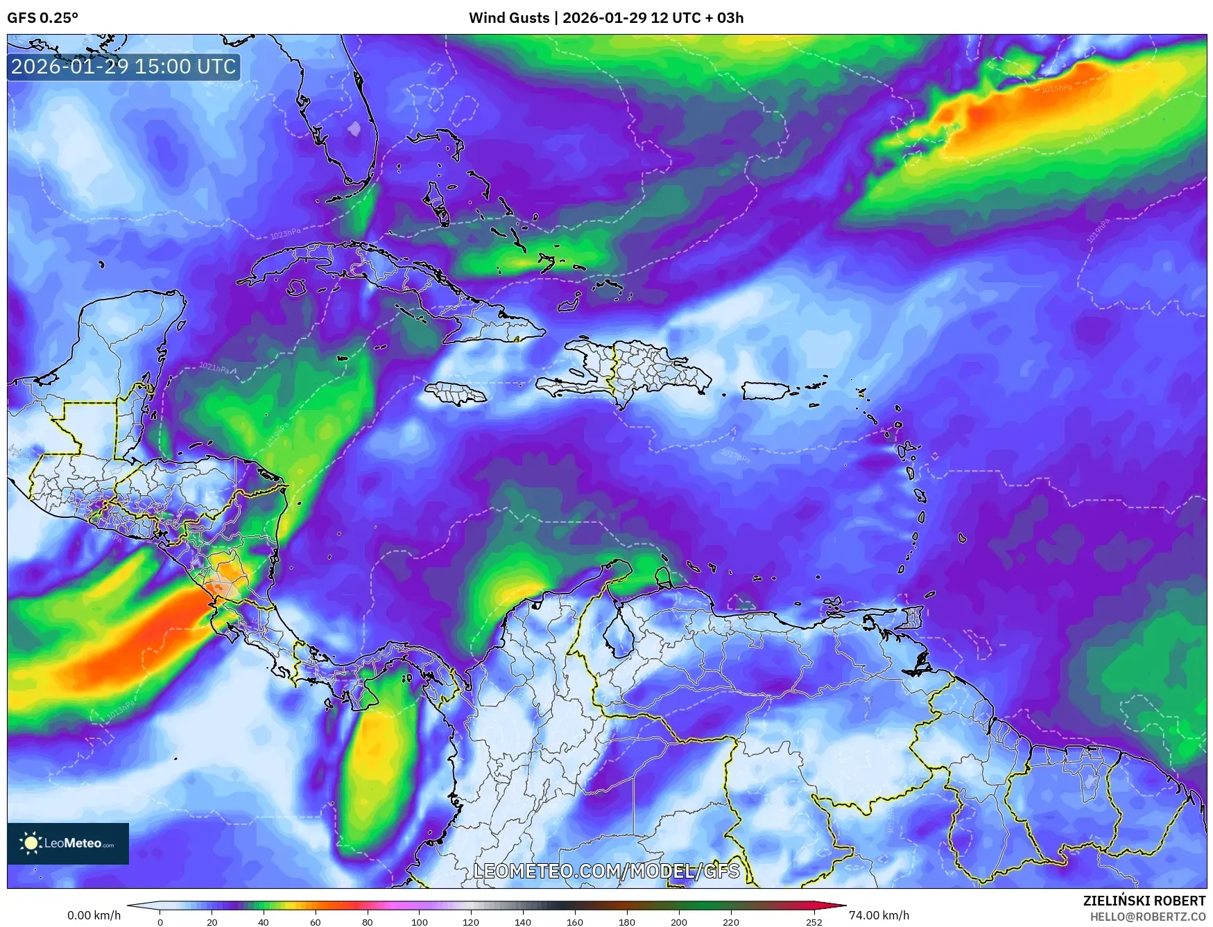 GFS model - Caribbean, Wind Gusts