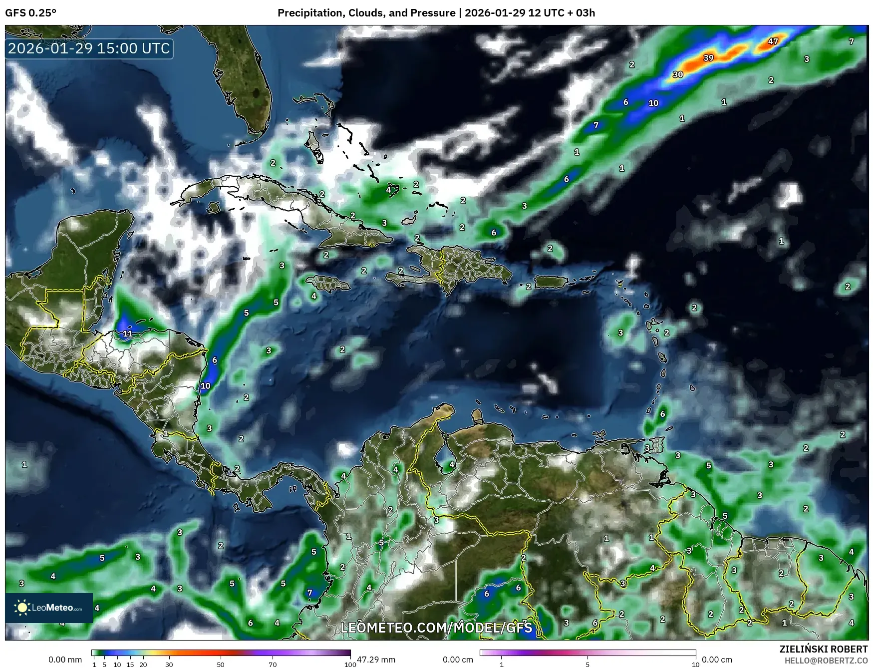 GFS model - Caribbean, Precipitation, Clouds, and Pressure