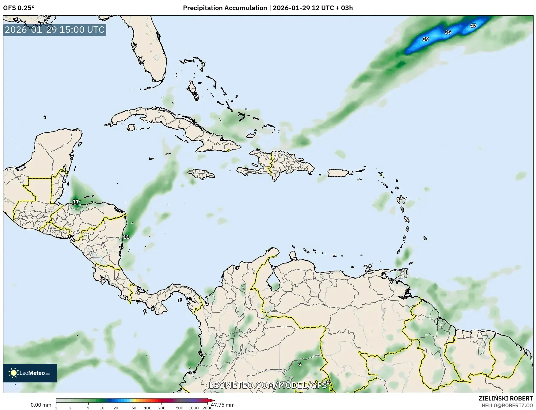 GFS model - Caribbean, Precipitation Accumulation
