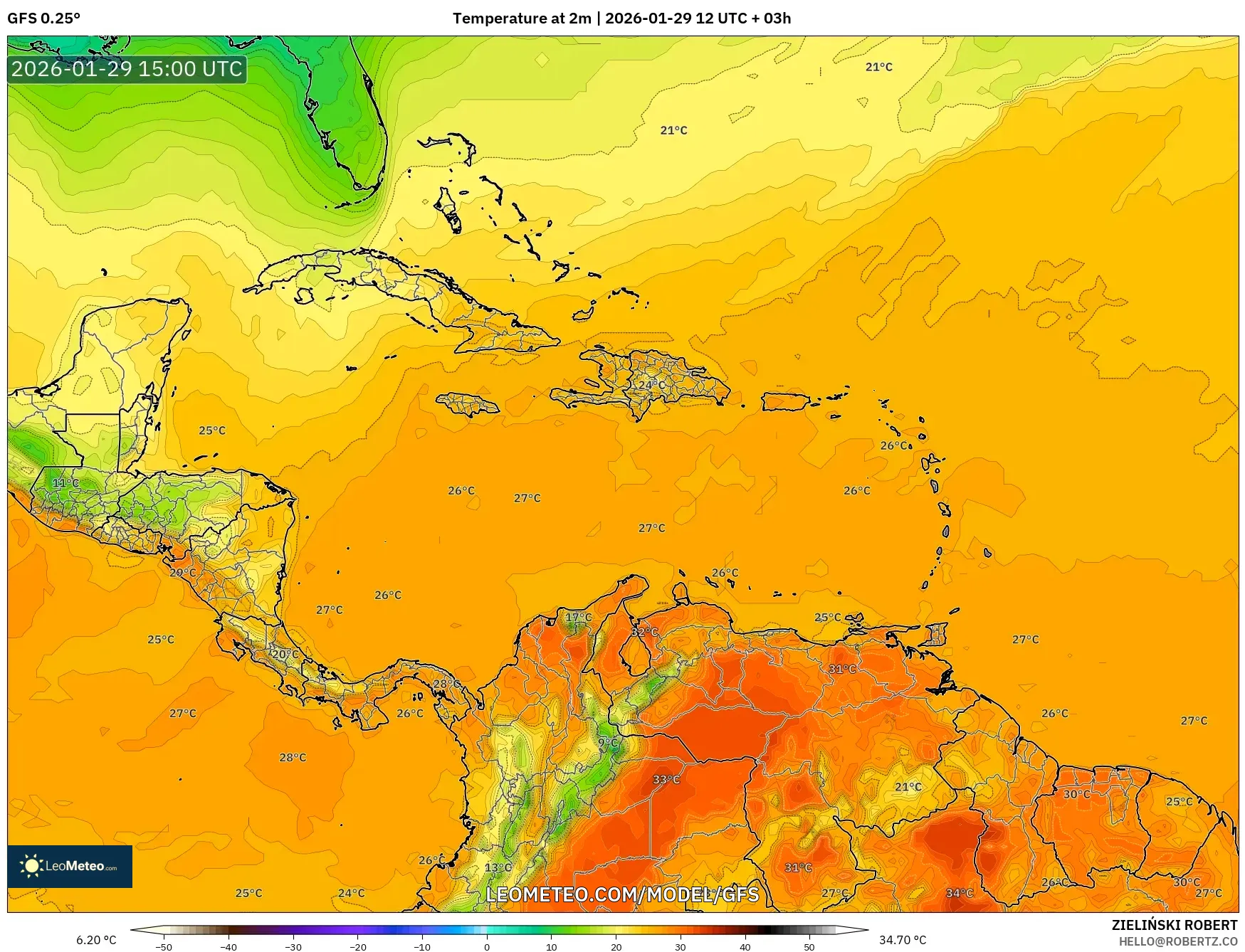 GFS model - Caribbean, Temperature at 2m