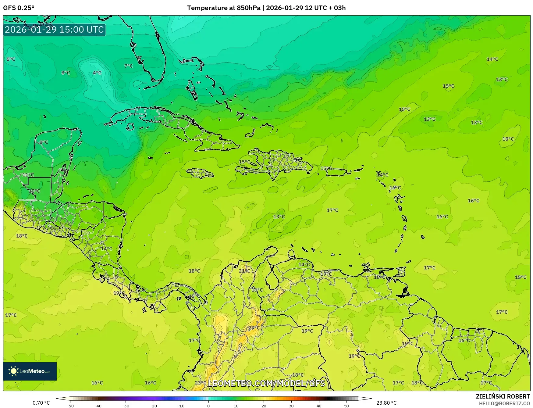 GFS model - Caribbean, Temperature at 850hPa