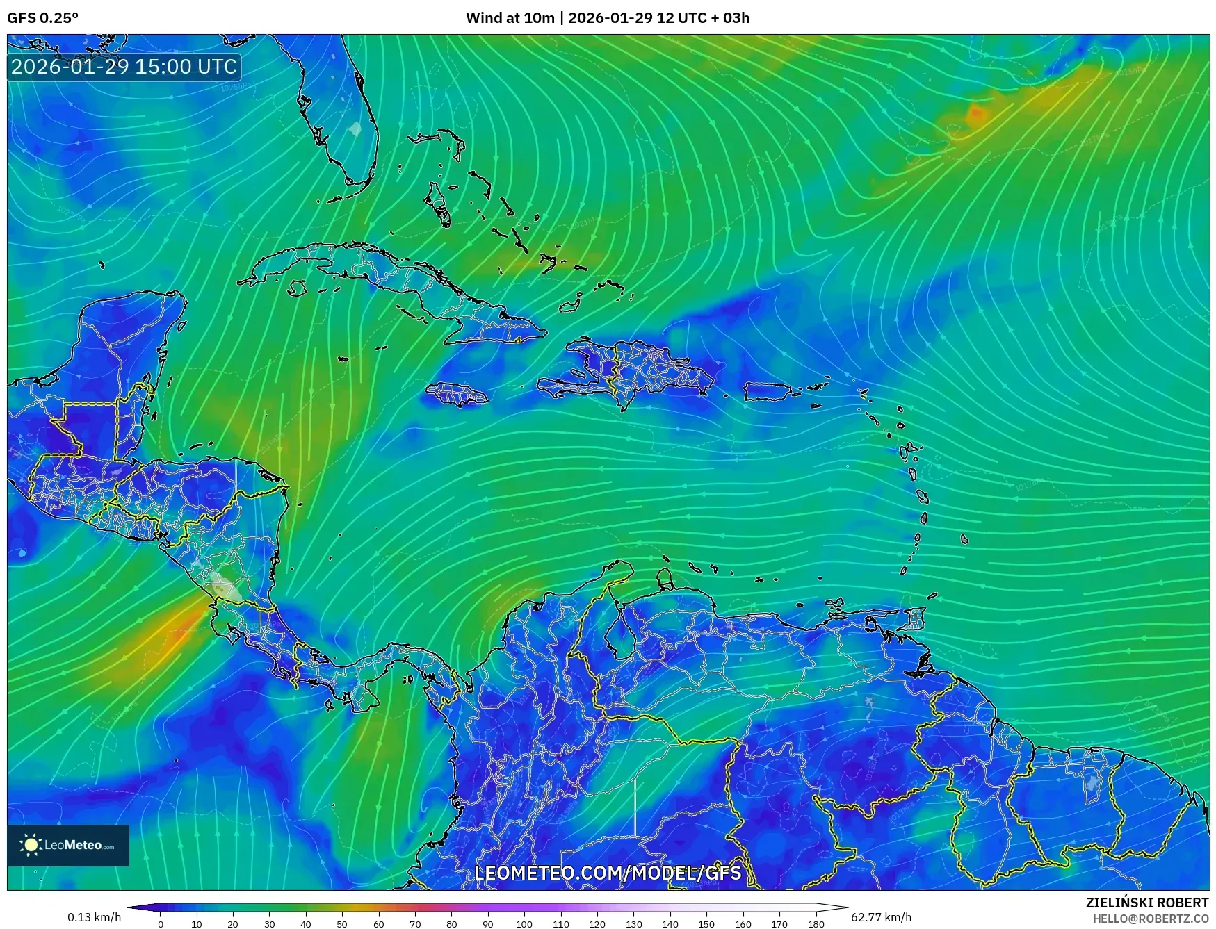 GFS model - Caribbean, Wind at 10m