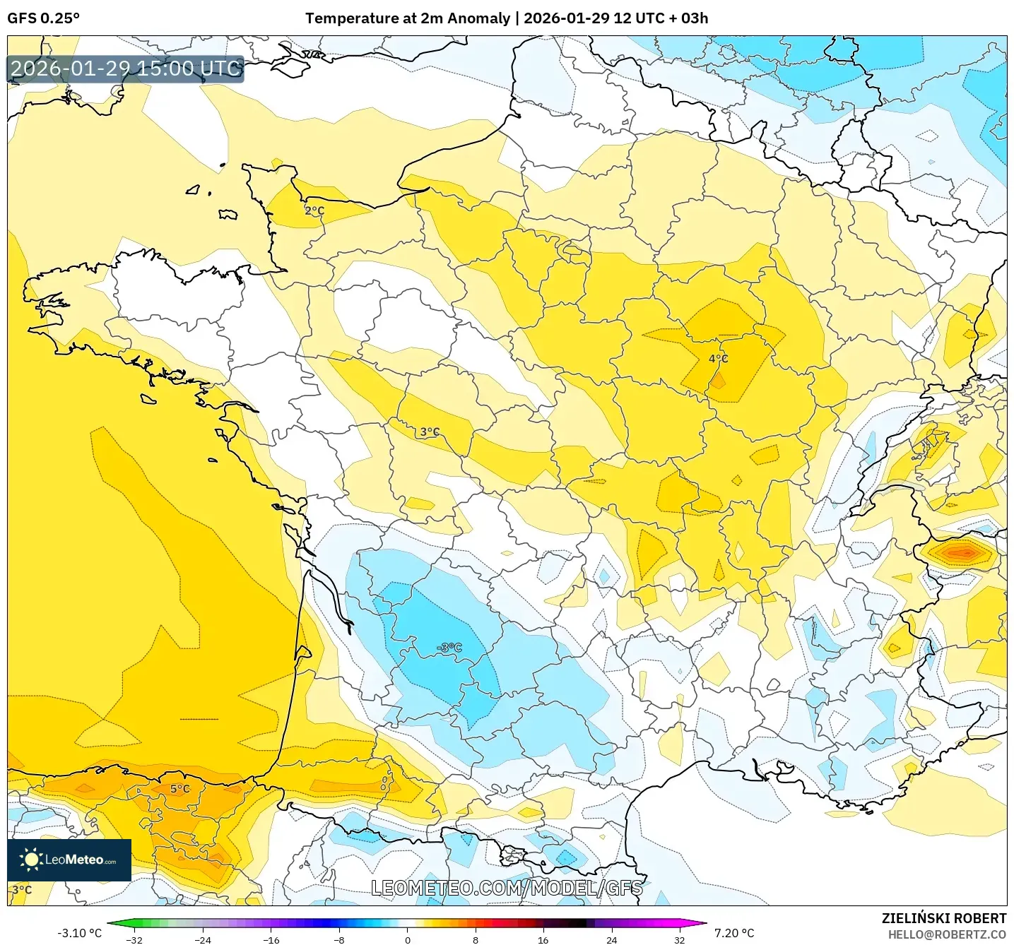 GFS model - France, Temperature at 2m Anomaly
