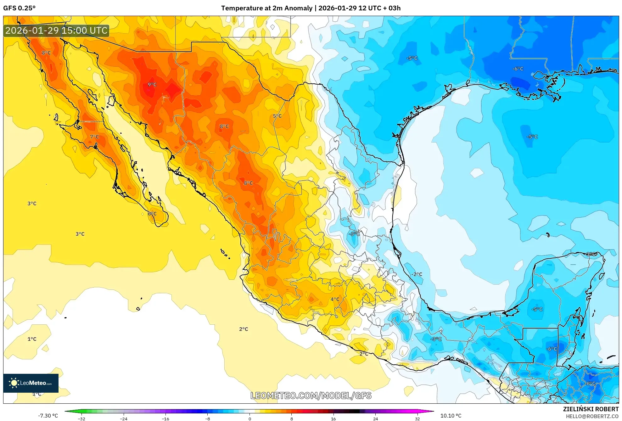 GFS model - Mexico, Temperature at 2m Anomaly