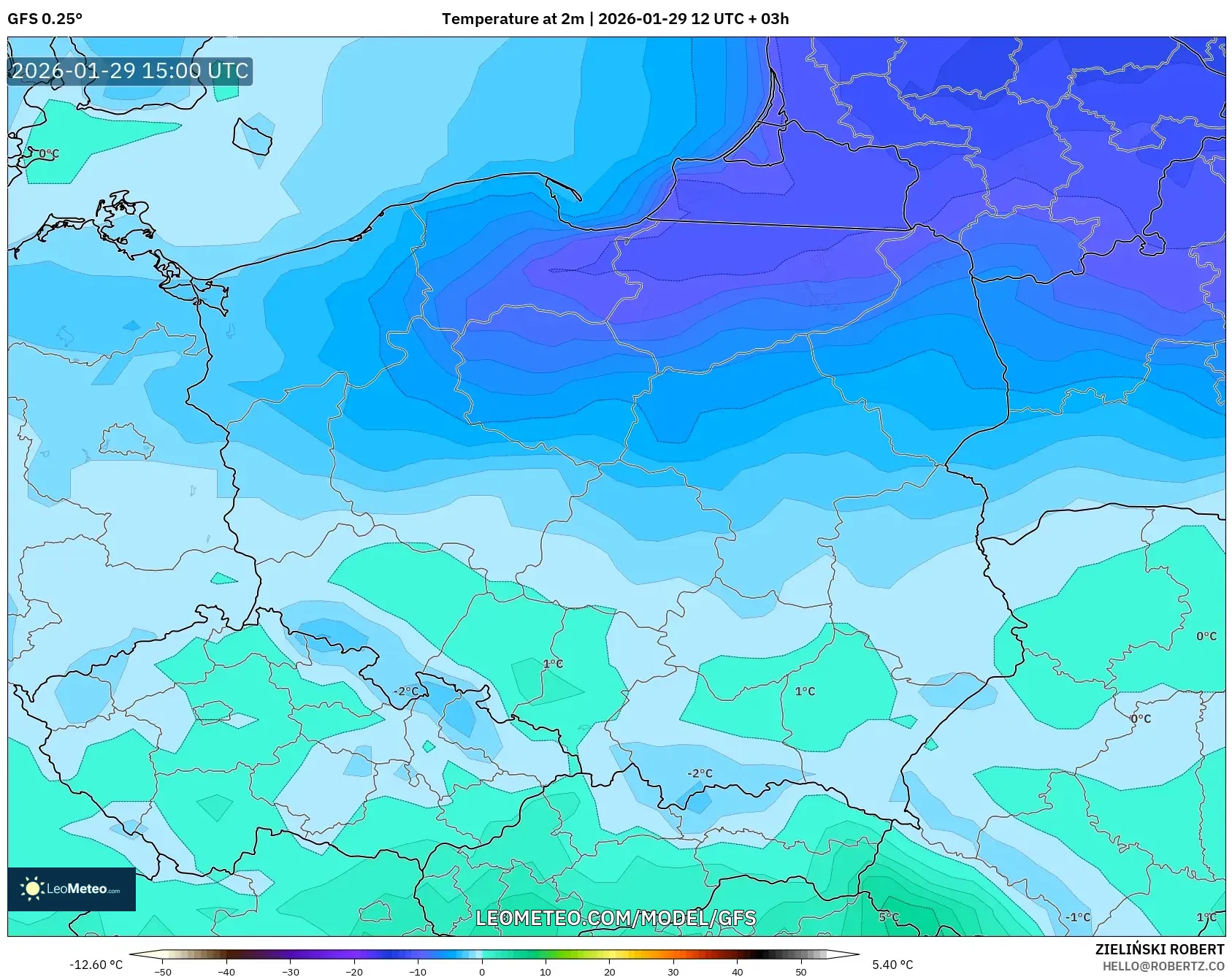 GFS model - Poland, Temperature at 2m