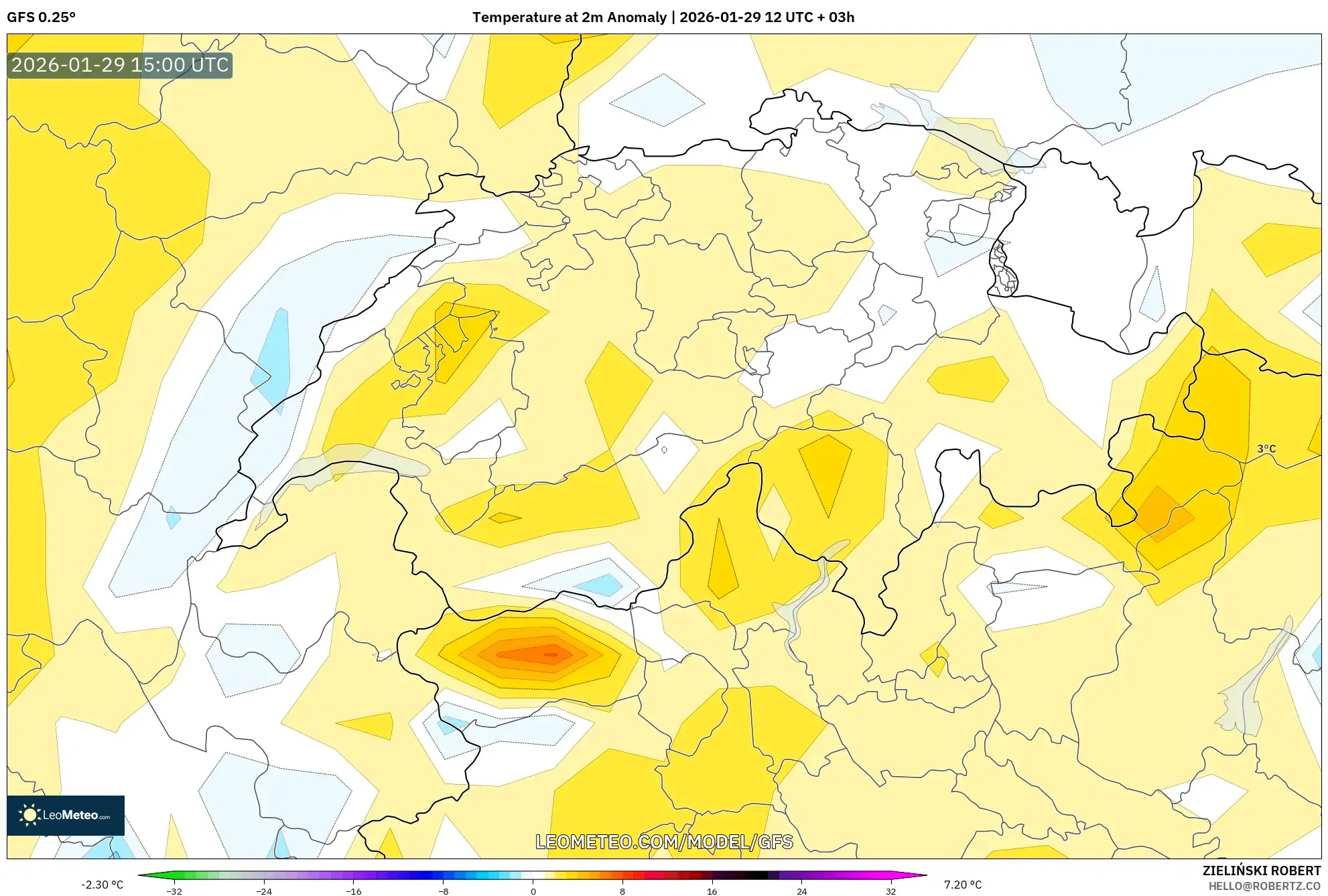 GFS model - Switzerland, Temperature at 2m Anomaly