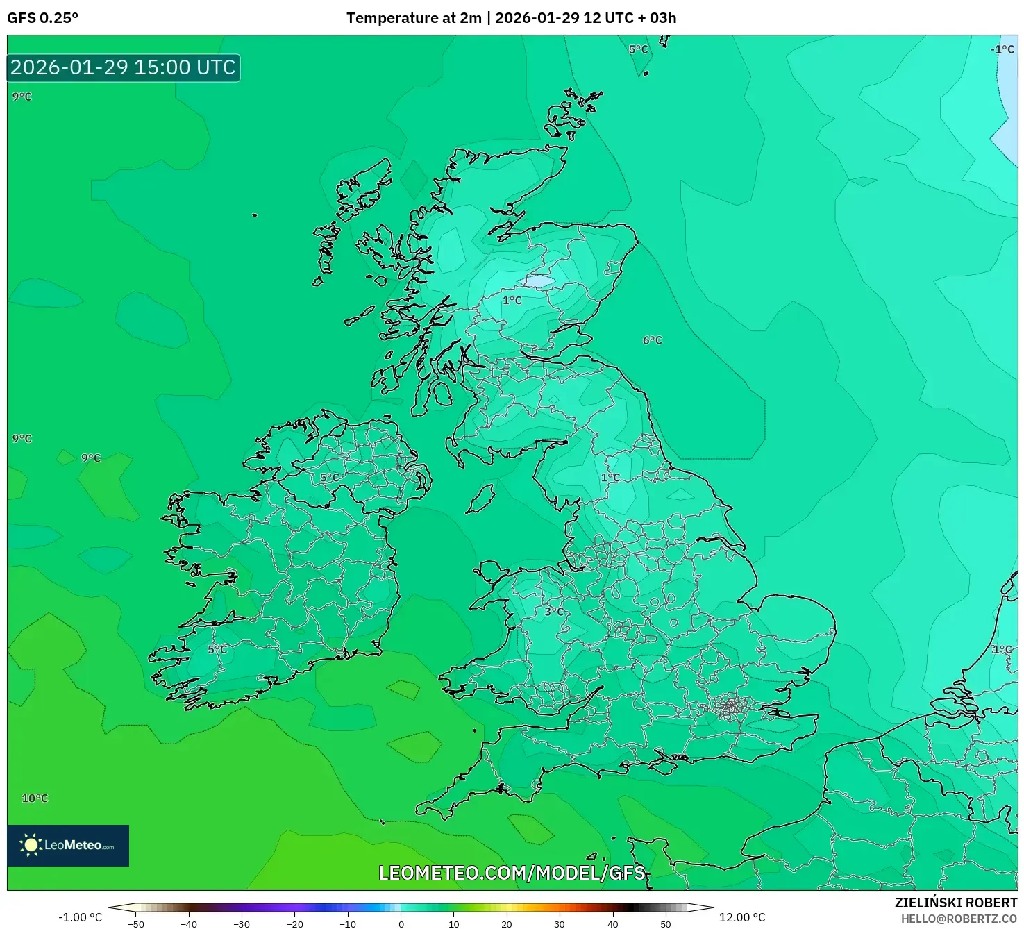 GFS model - United Kingdom, Temperature at 2m