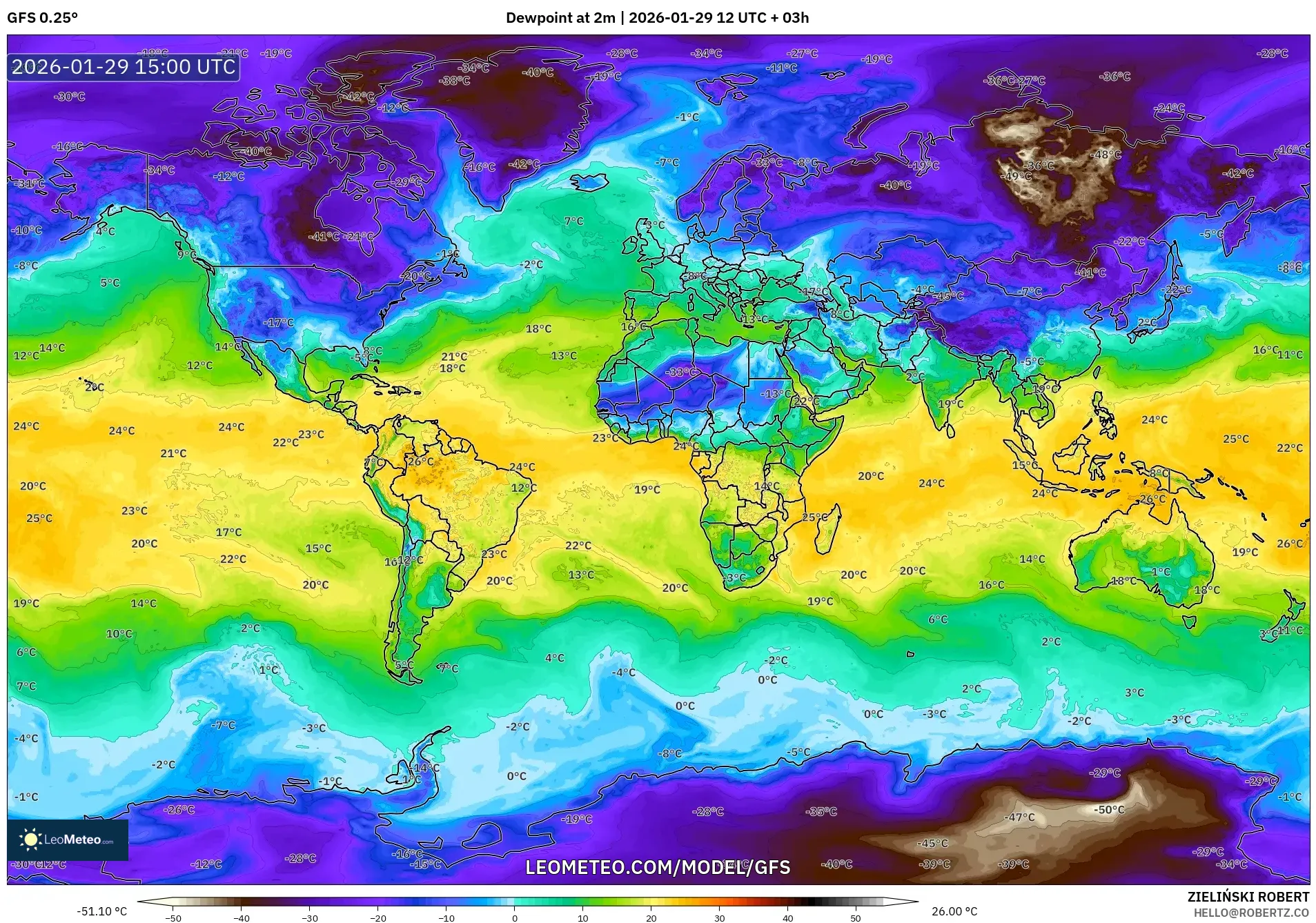 GFS model - World, Dewpoint at 2m